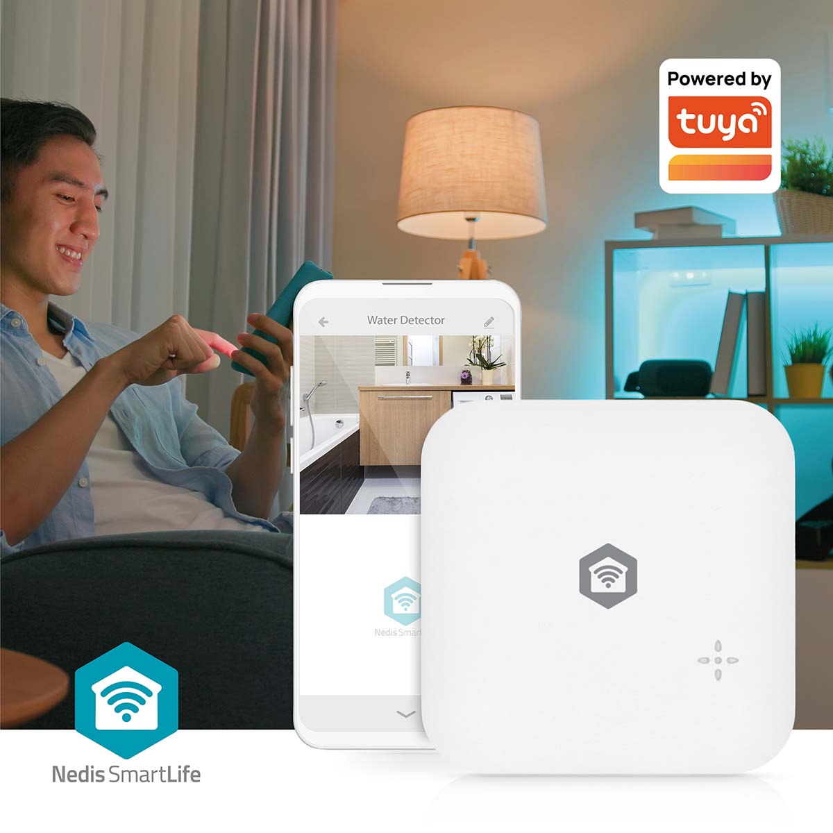 A man using a smartphone to control a water detector. A white detector is in the foreground. The scene includes a lamp and a shelf.