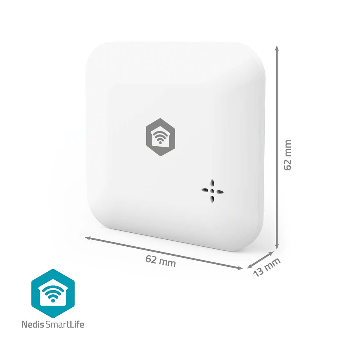 A white, square smart home device with a Wi-Fi logo. Dimensions are 62x62x13mm. The device is from Nedis SmartLife.