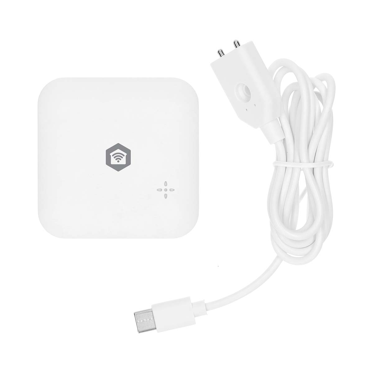 A white smart home hub with a Wi-Fi symbol, a power adapter, and a USB-C cable on a white background.