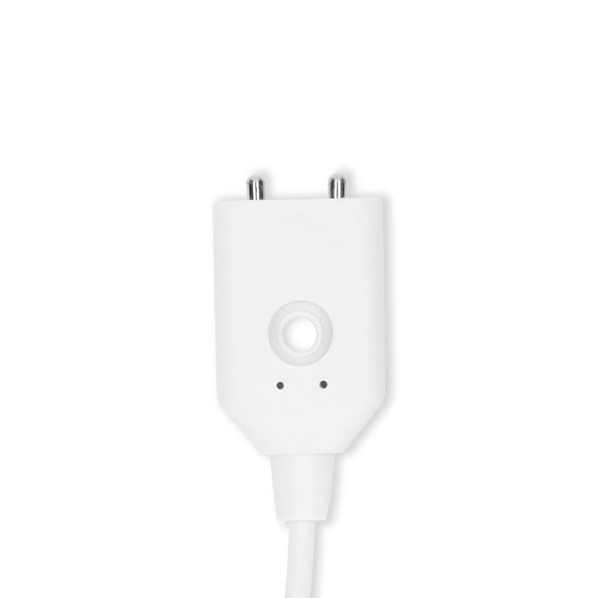 A white device with two prongs, a circular button, and two dots below it. A white cable extends from the bottom.