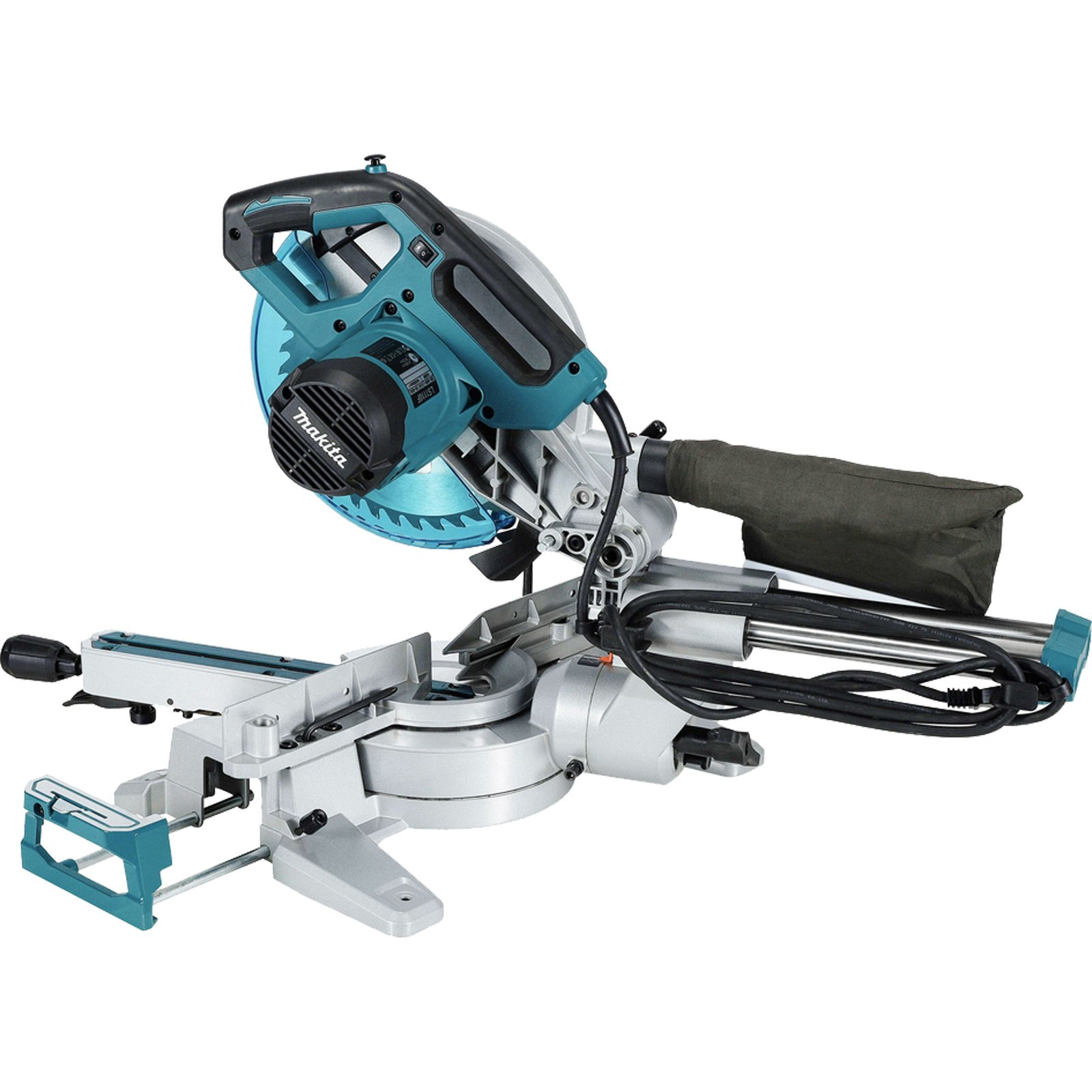Een Makita verstekzaag met blauw zaagblad en turquoise accenten. Op een witte achtergrond.