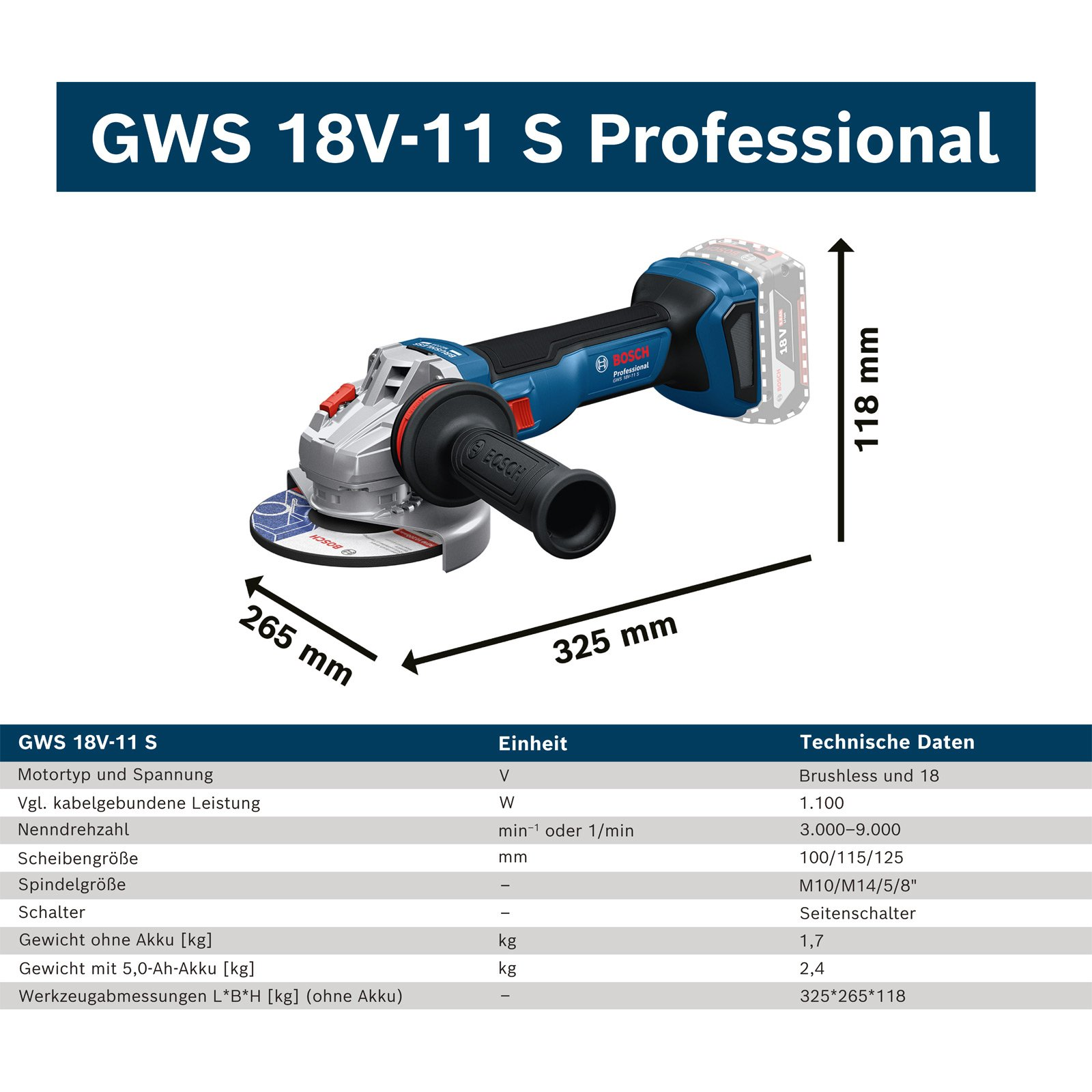 Meuleuse d'angle Bosch GWS 18V-11 S Professional. Bleu et noir avec éléments argentés. Dimensions affichées.