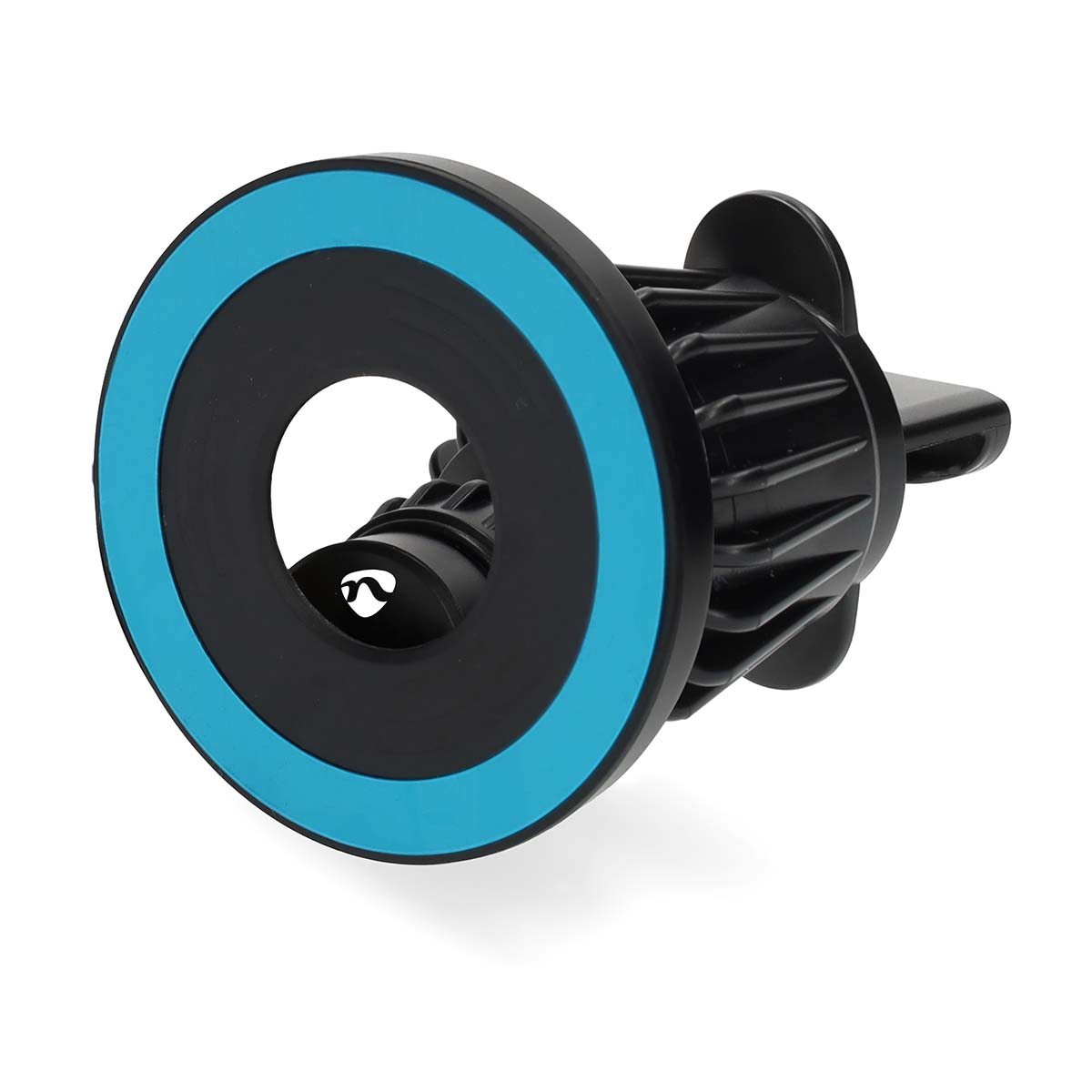Een zwarte autotelefoonhouder met een blauwe ring rond het cirkelvormige deel. Het heeft een clip en een draaimechanisme.