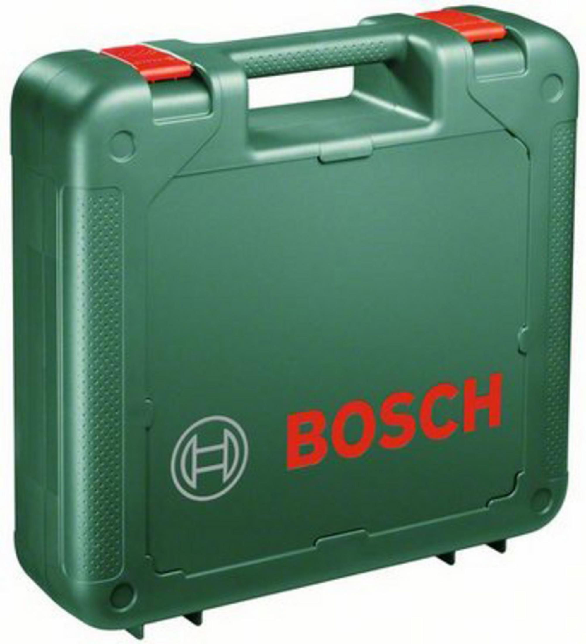 Eine grüne Bosch-Werkzeugkiste mit roten Akzenten. Das Bosch-Logo und der Name sind sichtbar. Der Griff befindet sich oben.