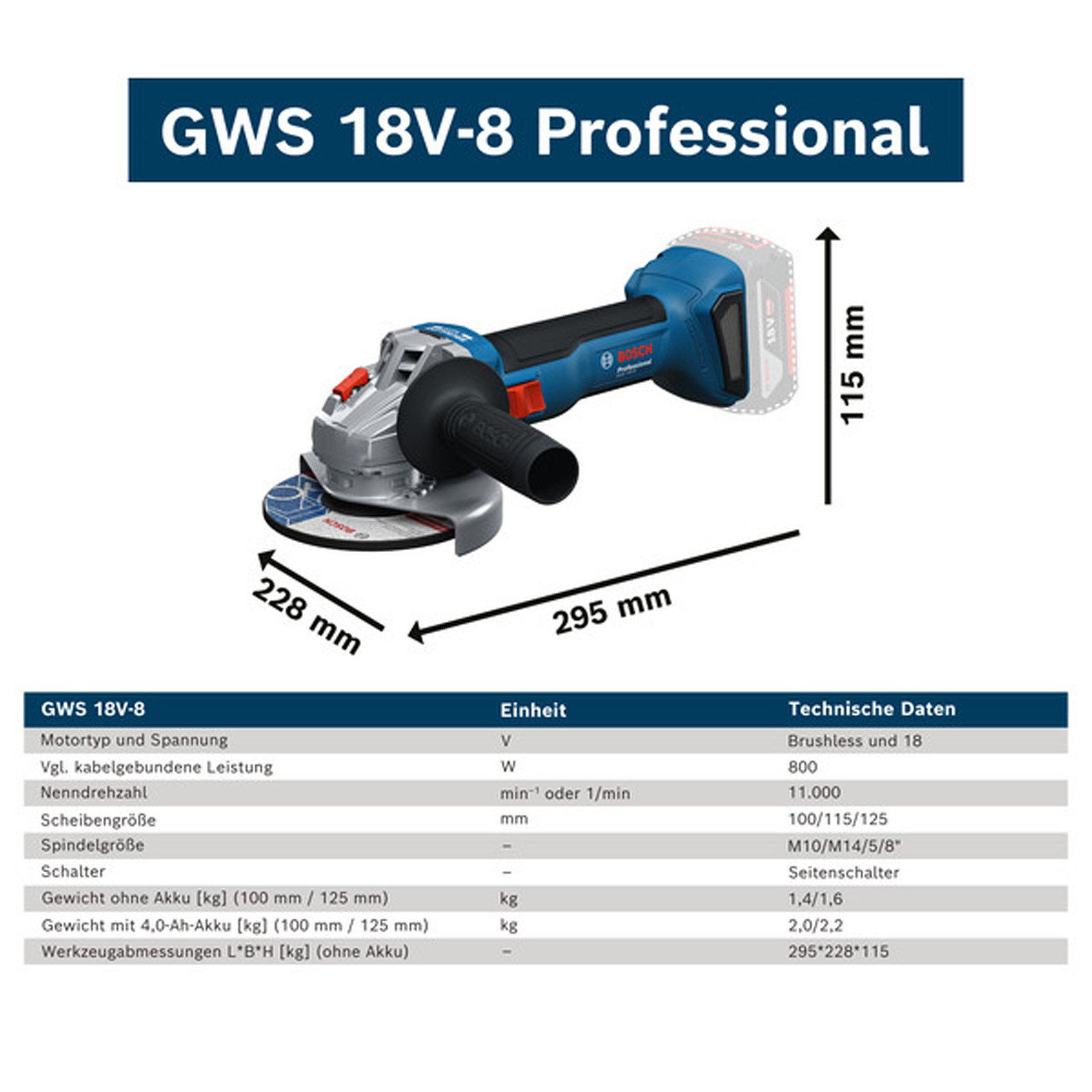 Meuleuse d'angle Bosch GWS 18V-8 Professional. Bleu et noir avec composants argentés. Dimensions et spécifications.