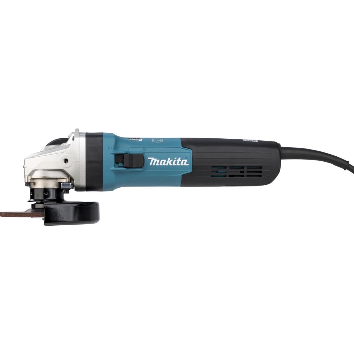 Ein Makita-Winkelschleifer mit schwarzer Scheibe auf weißem Hintergrund. Das Werkzeug ist teal, schwarz und silber.