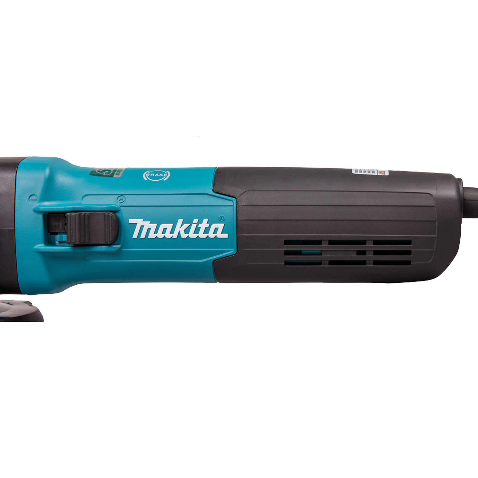 Ein Makita-Elektrowerkzeug in Türkis und Schwarz. Der Markenname ist sichtbar. Details umfassen eine Bremsfunktion, Schalter und Luftschlitze.