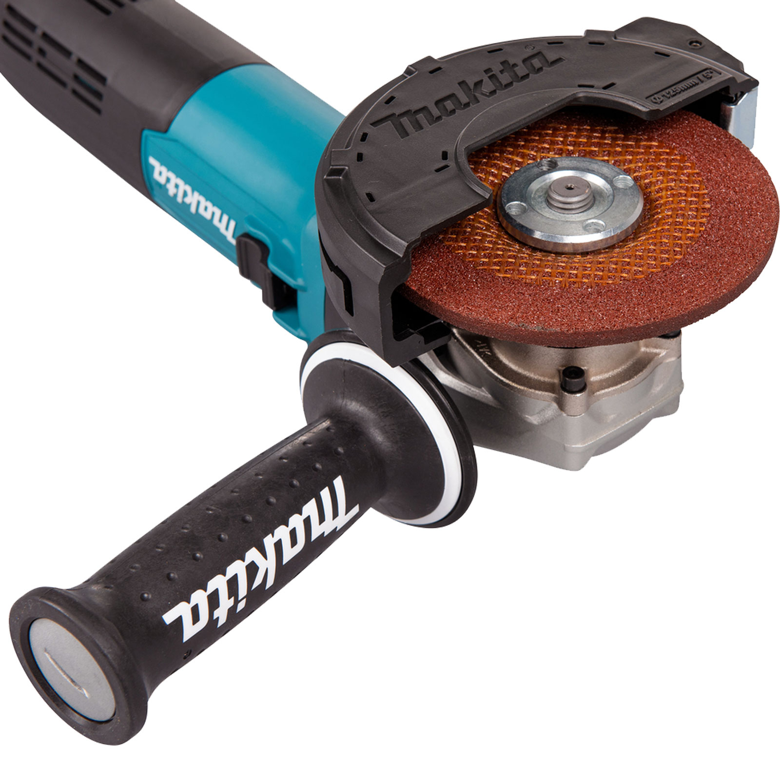 Makita Winkelschleifer. Türkis-schwarzes Gehäuse mit roter Schleifscheibe. Schwarzer Griff mit Makita-Logo.