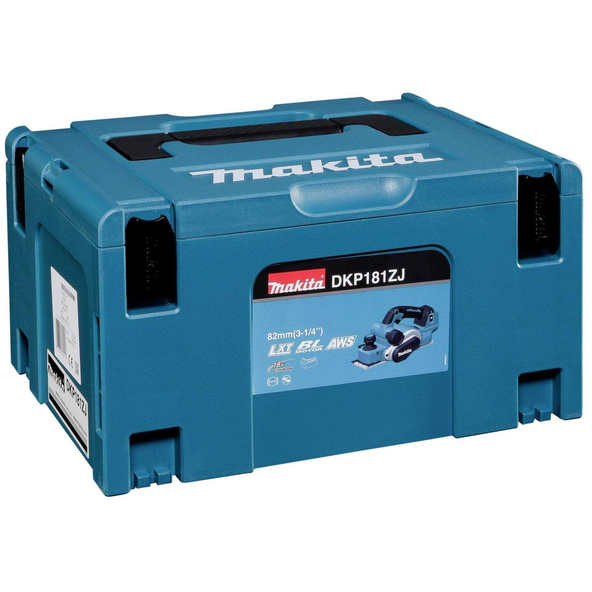 Ein türkisfarbener Makita-Werkzeugkoffer mit Makita-Logo und Modellinformationen. Ein kleines Bild eines Werkzeugs befindet sich auf der Vorderseite.