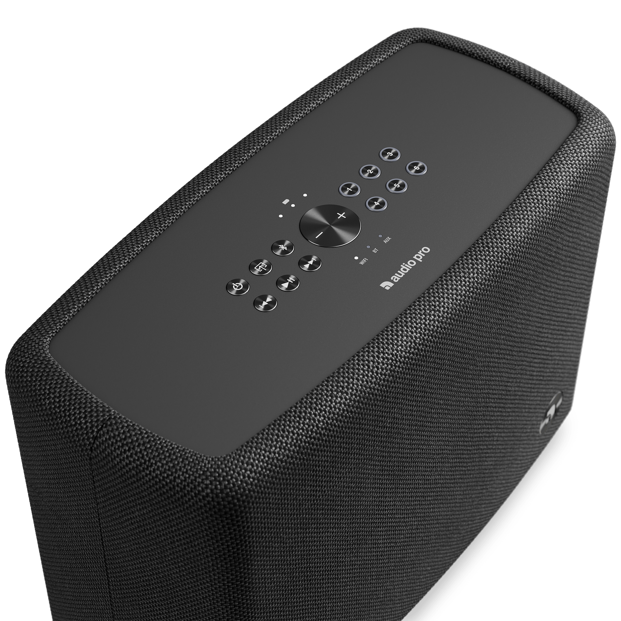 Ein schwarzer Audio Pro-Lautsprecher. Er hat Tasten für Ein/Aus, Lautstärke und andere Funktionen. Der Lautsprecher steht auf grünem Hintergrund.