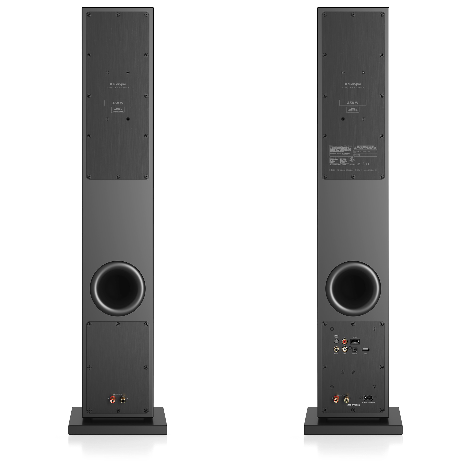 Zwei schwarze Audio Pro A38 W Lautsprecher, Vorder- und Rückansicht. Jeder hat einen großen kreisförmigen Port und steht auf einer schwarzen Basis.