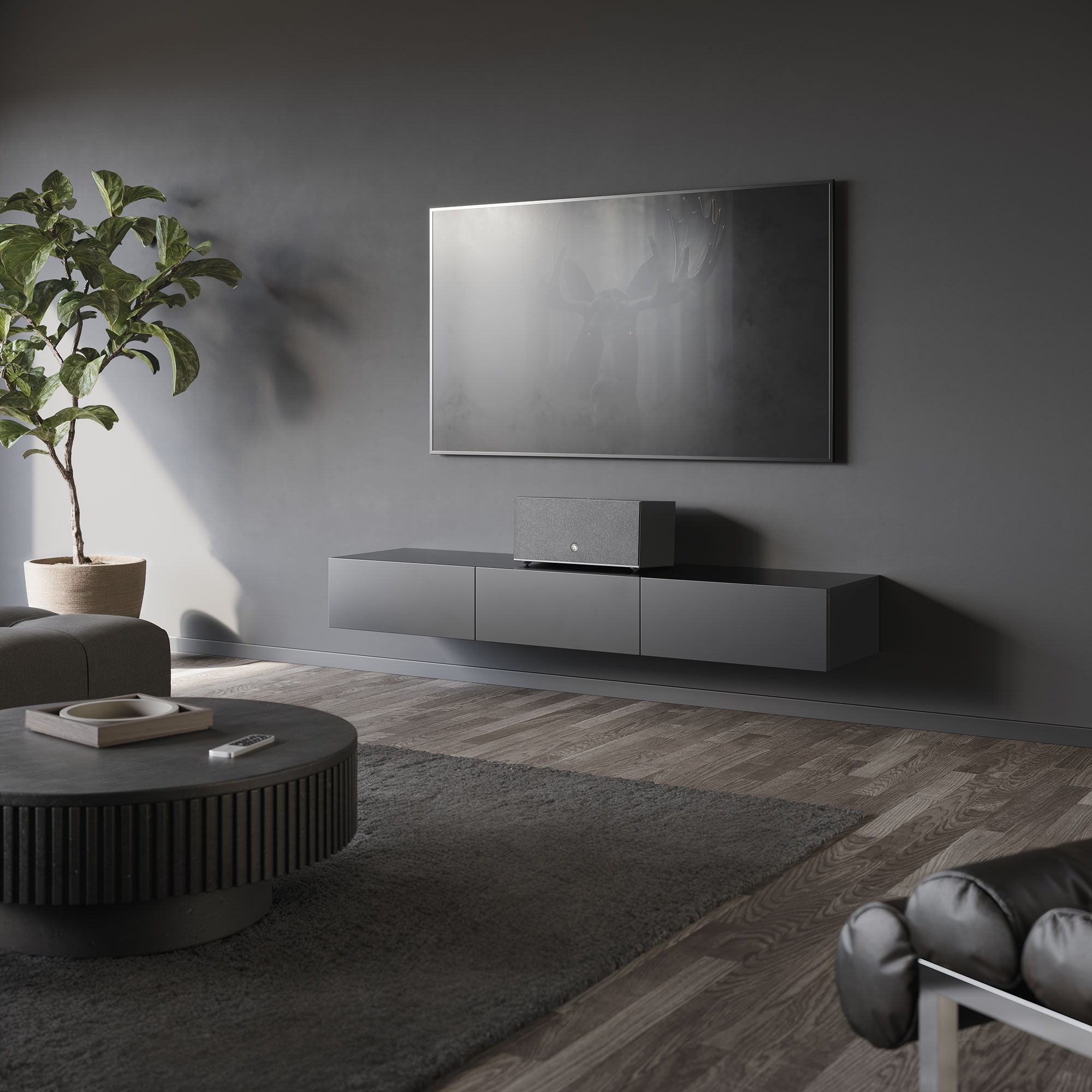 Ein modernes Wohnzimmer mit Fernseher, Lautsprecher, Couchtisch und Pflanze. Das Farbschema ist monochrom mit dunkelgrauen Wänden.
