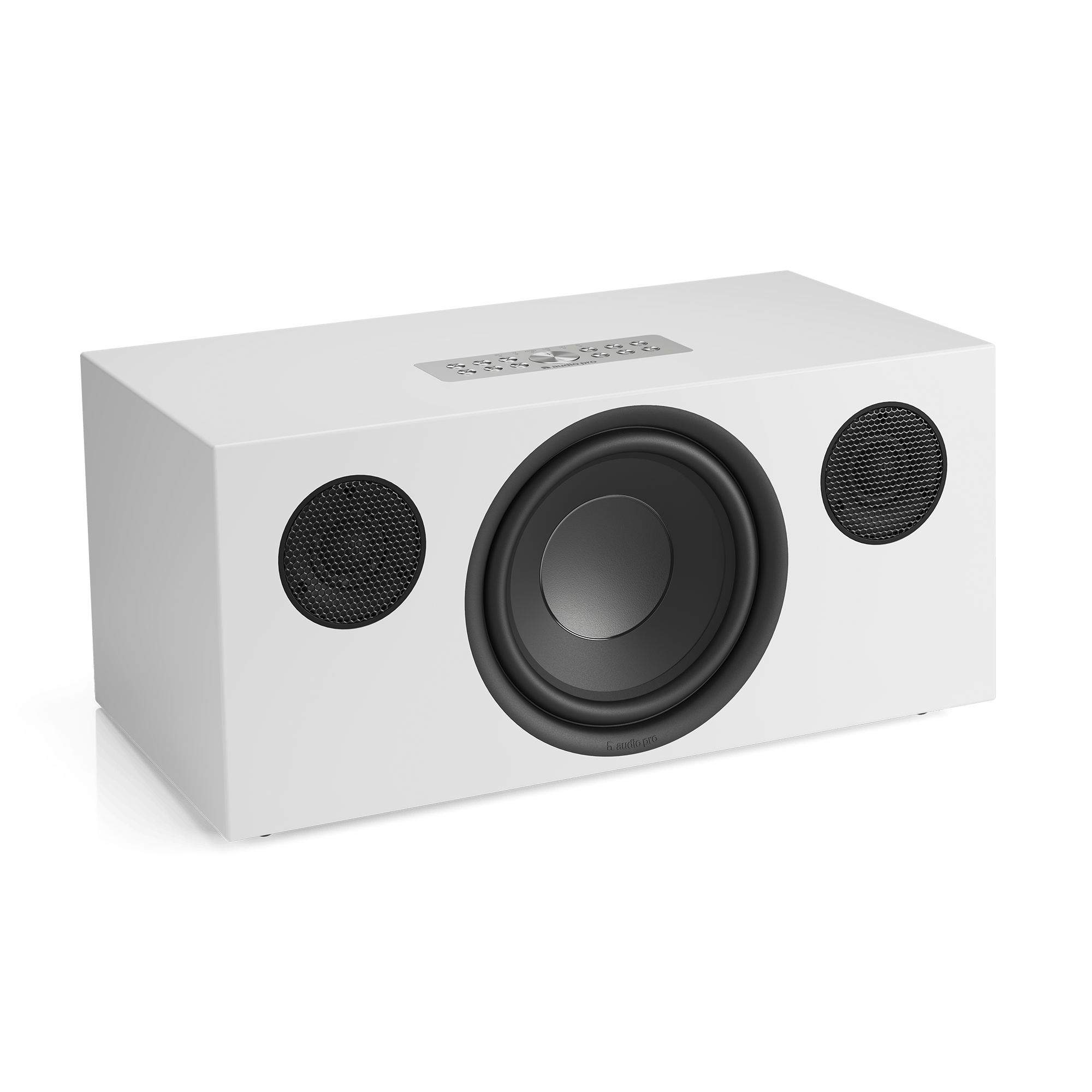 Altoparlante bianco con tre coperture nere. Un grande altoparlante centrale e due più piccoli. Logo 'Audio Pro'.