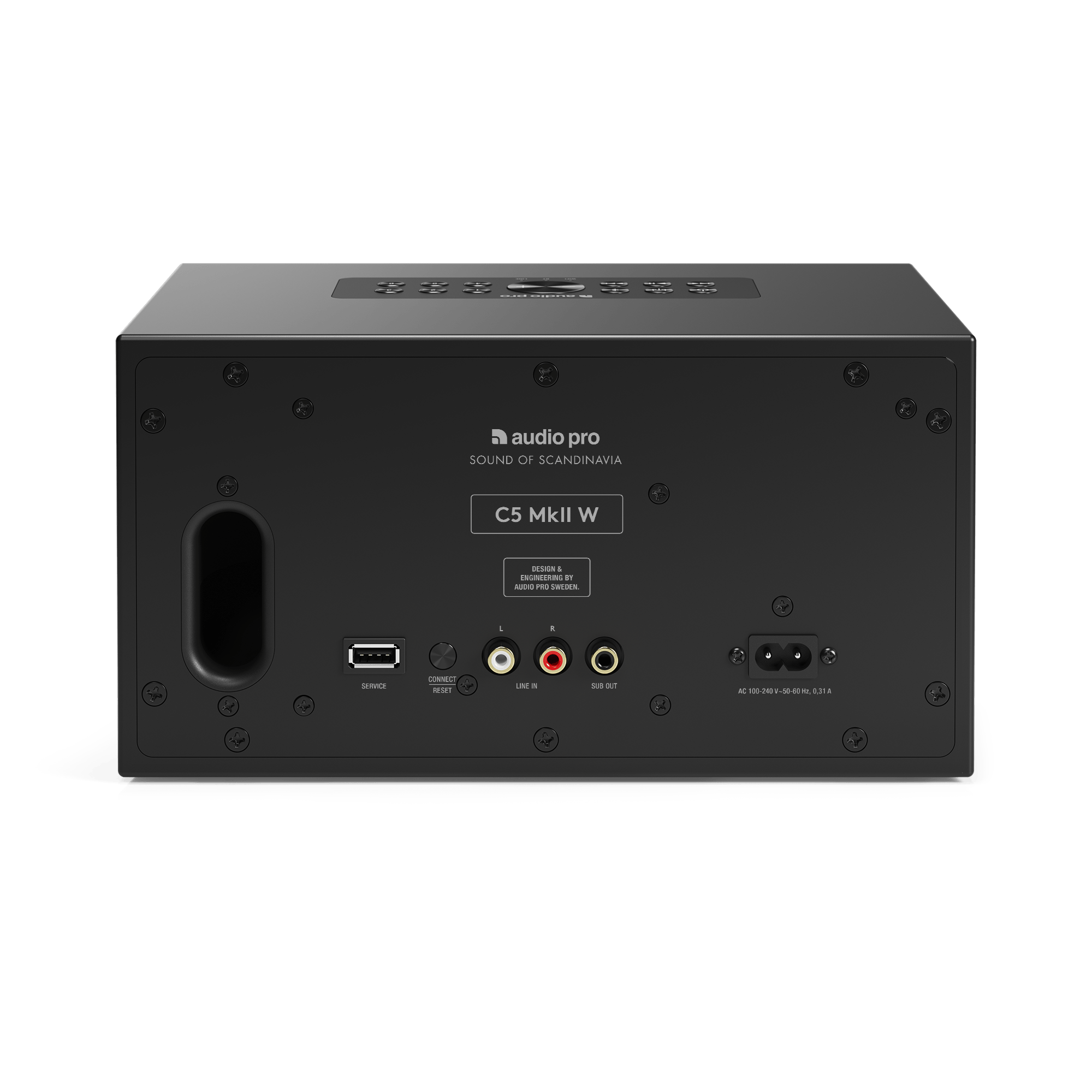Een zwarte Audio Pro C5 MkII W-luidspreker. Het heeft verschillende poorten aan de achterkant en een stroomingang. De achtergrond is groen.