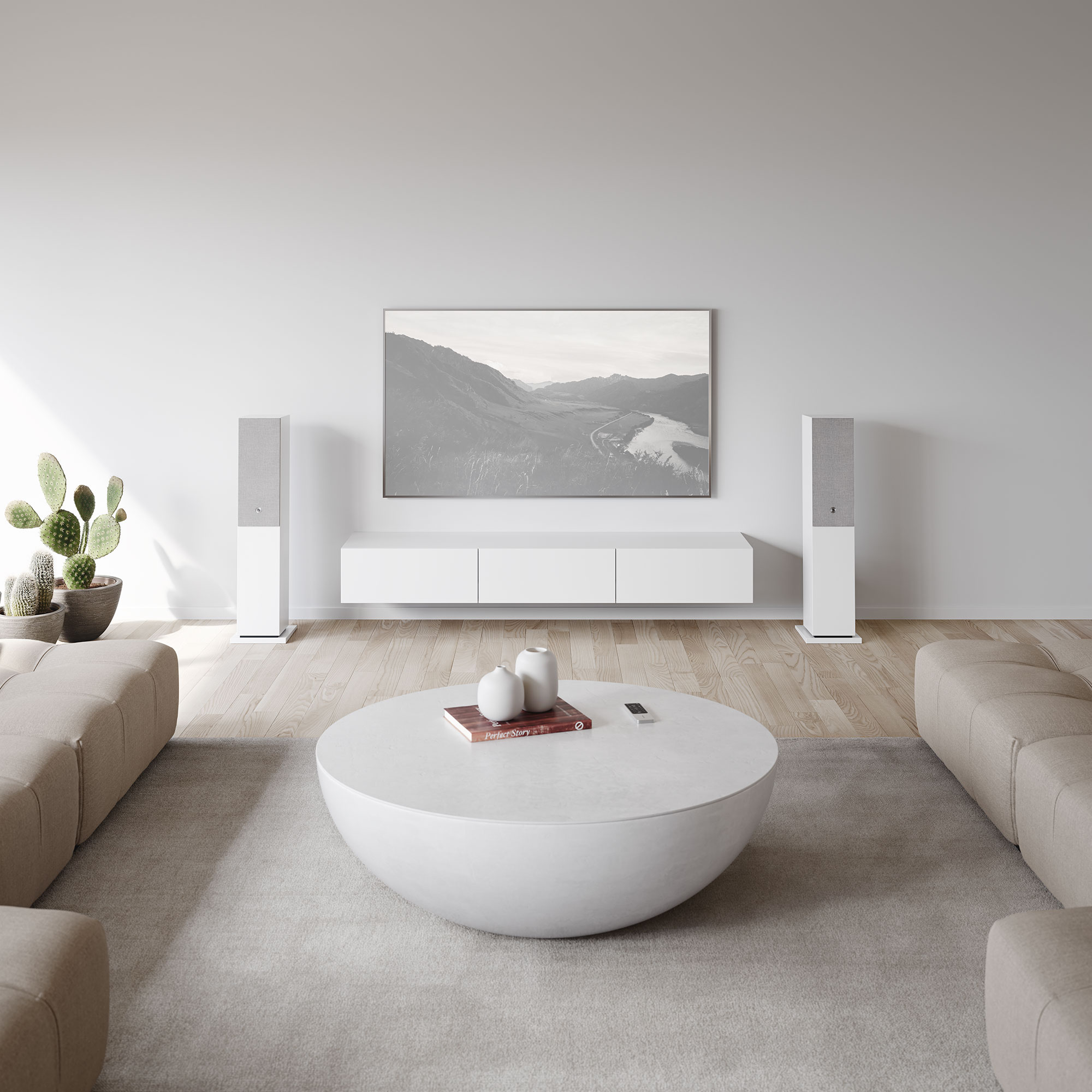Wohnzimmer mit Fernseher, Lautsprechern, Couchtisch und Sofas. Kaktus in der Ecke. Neutrale Farbpalette.