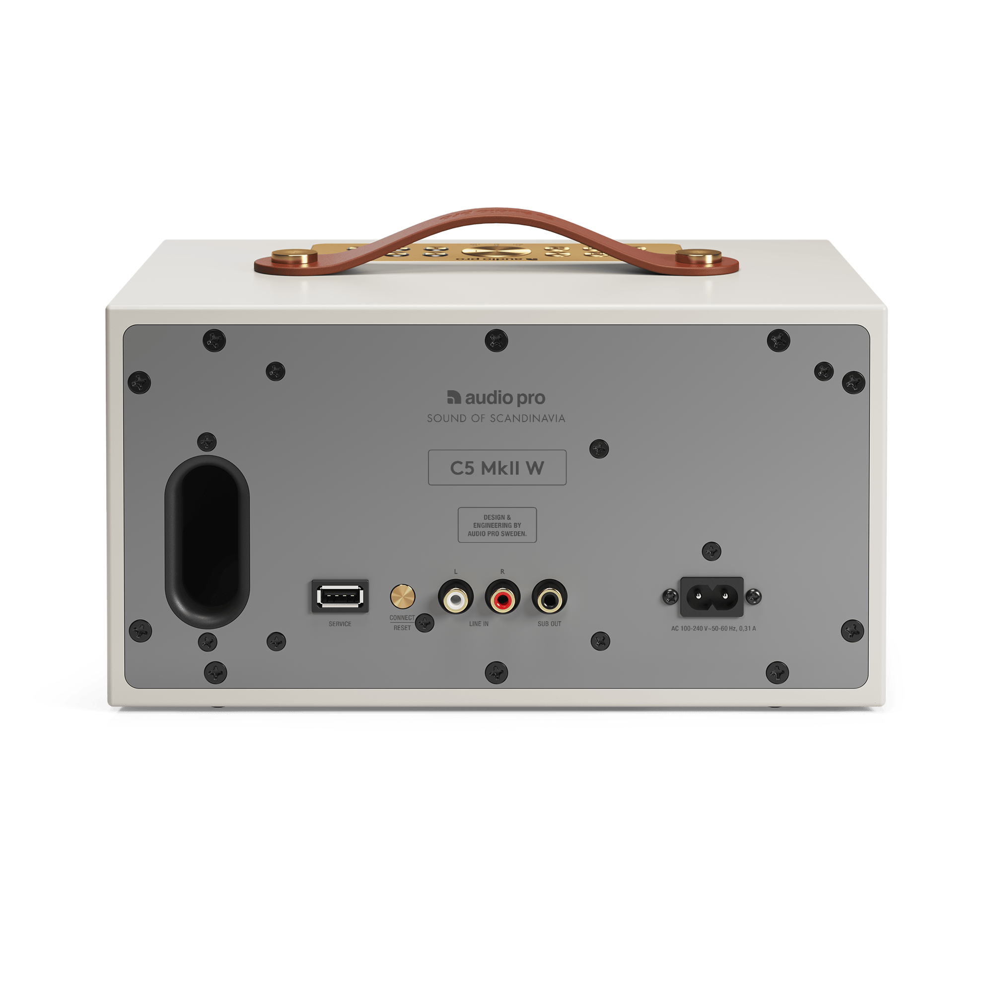Achteraanzicht van een witte speaker met bruine handgreep. Poorten zijn o.a. USB, line-in, sub-out en voeding. Het merk is Audio Pro.