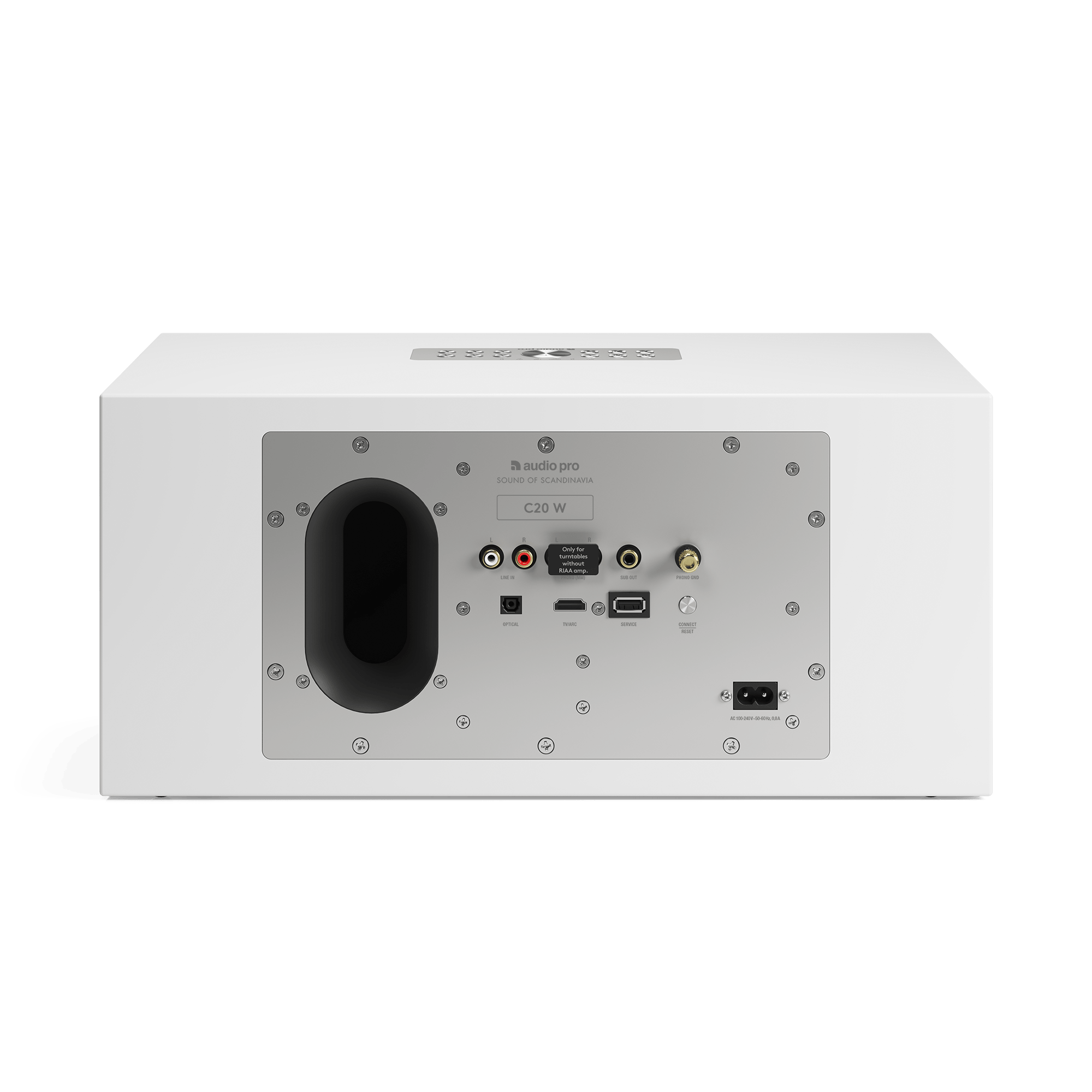 Weißer Audio Pro C20 W Subwoofer. Er hat verschiedene Eingangs-/Ausgangsanschlüsse und Steuertasten auf der Rückseite.