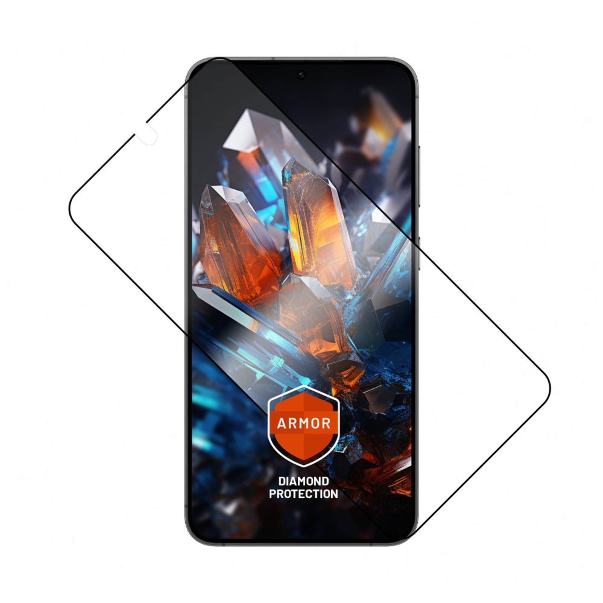 Uno smartphone con protezione schermo. Lo schermo mostra cristalli. Un logo dice 'ARMOR DIAMOND PROTECTION'.