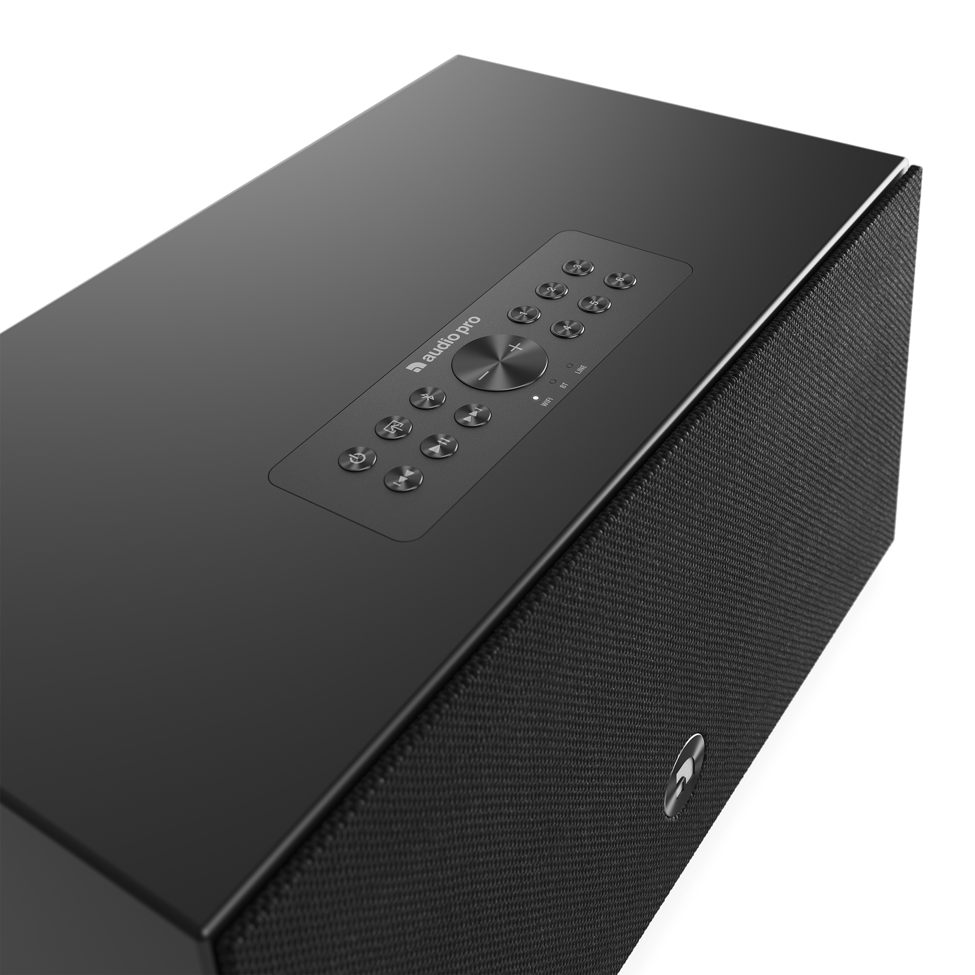 Schwarzer Audio Pro-Lautsprecher. Oben befinden sich Steuertasten. Seite aus Mesh. Grüner Hintergrund.