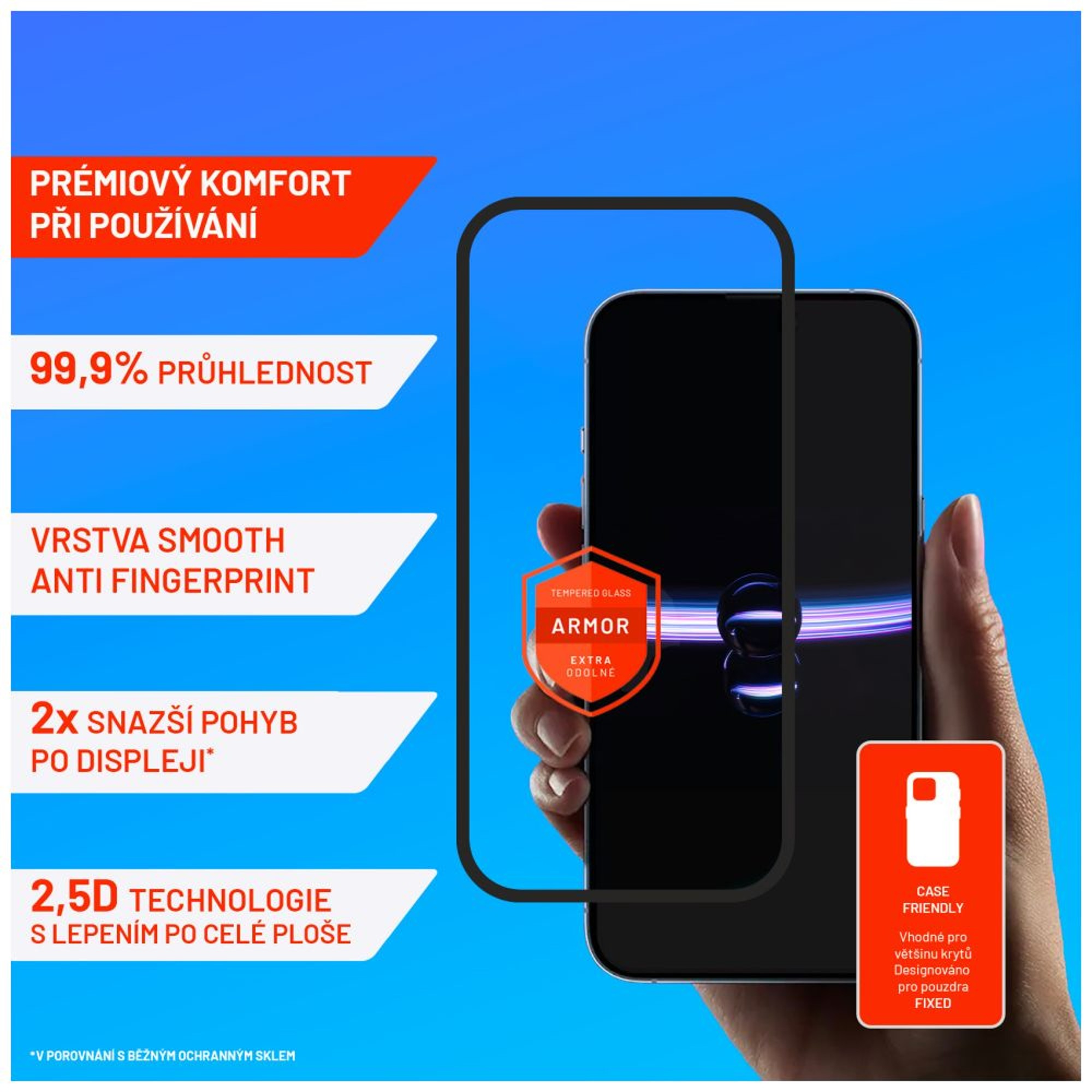 Mano che tiene un telefono con protezione schermo, con etichette di testo sulle caratteristiche del prodotto.
