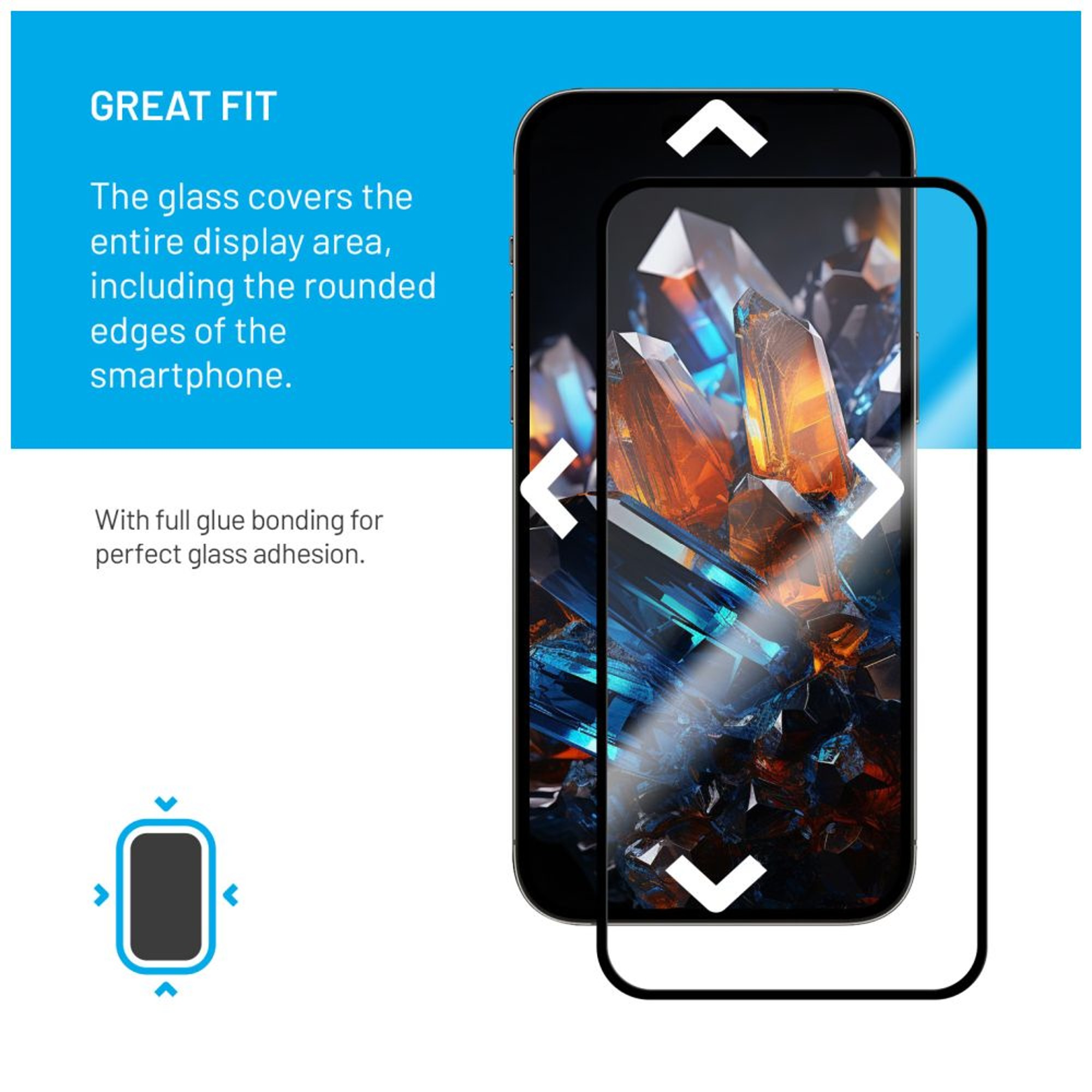 Un telefono con una protezione per lo schermo. Il testo dice 'Great Fit'. La protezione copre l'intero schermo, compresi i bordi arrotondati.