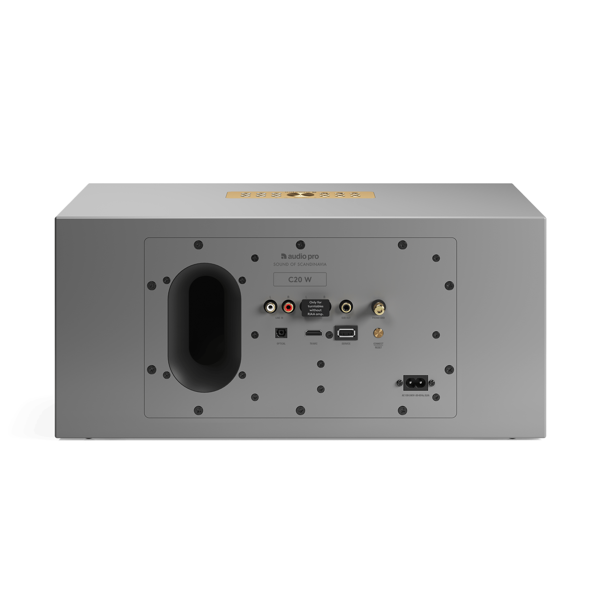 Rückansicht des Audio Pro C20 W Subwoofers. Er hat verschiedene Eingangsanschlüsse und einen Stromanschluss. Der Lautsprecher ist grau.