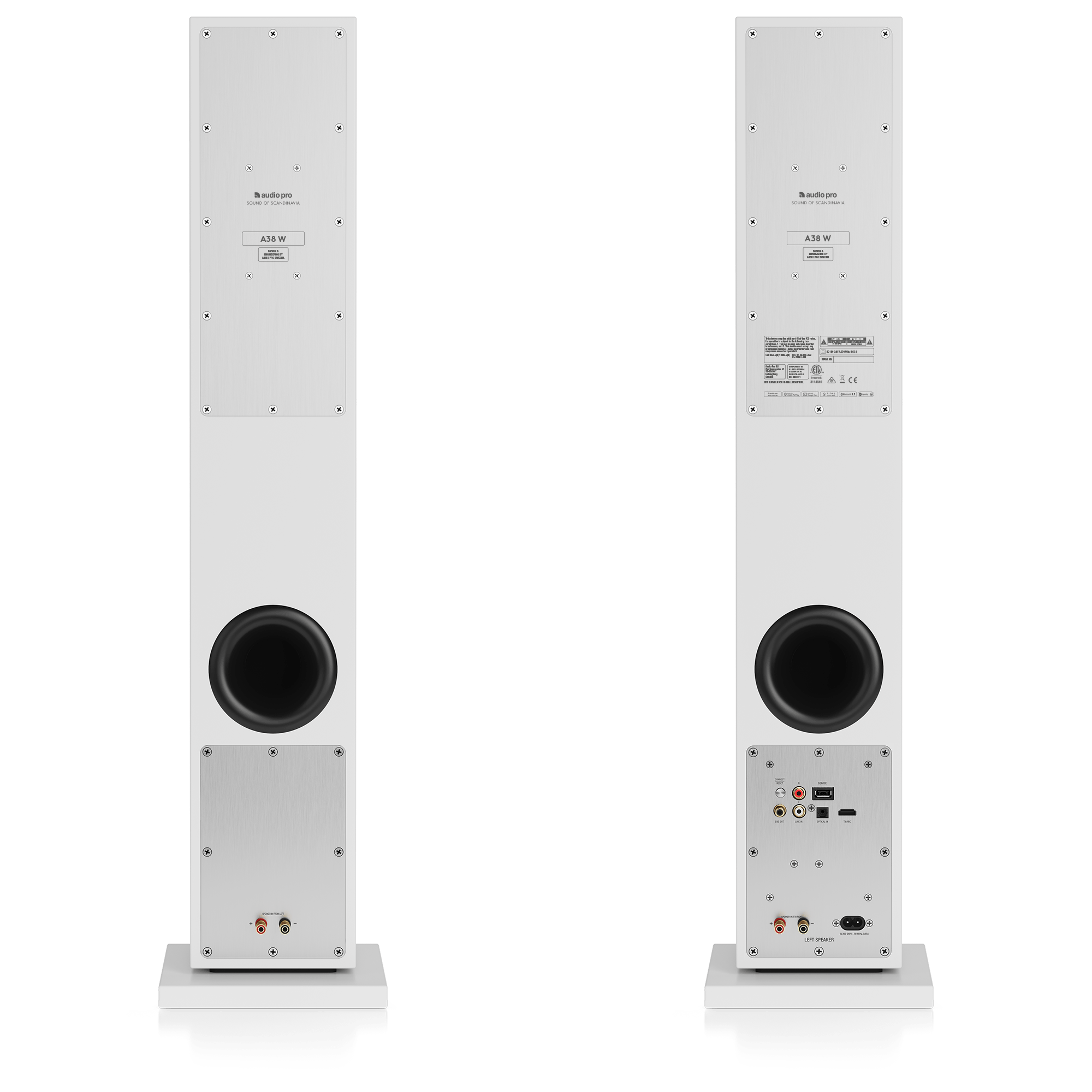 Zwei weiße Audio Pro A38 W Lautsprecher. Einer zeigt die Vorderseite, der andere die Rückseite mit Anschlüssen.