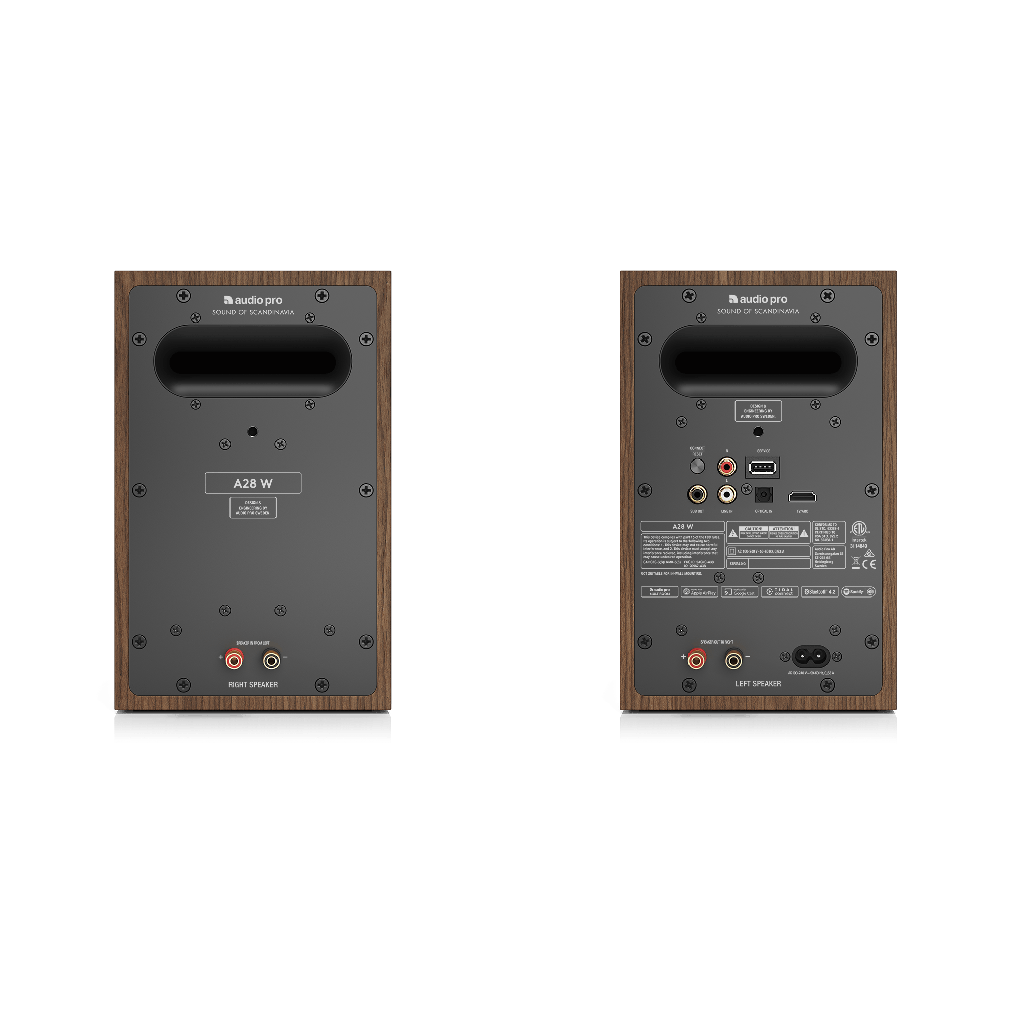 Zwei schwarze Audio Pro A28 W Lautsprecher. Einer zeigt Eingänge, der andere Ausgänge. Dunkle Holzrahmen.