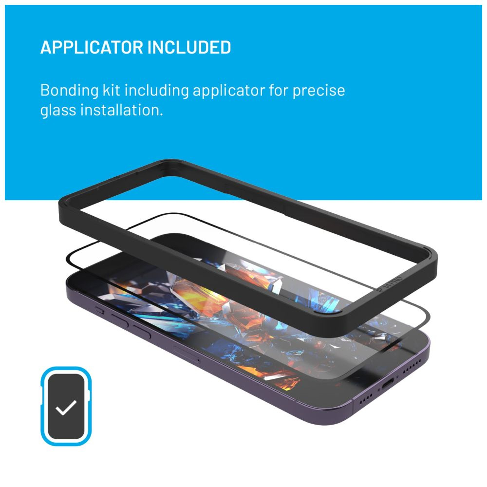 Un kit di protezione dello schermo del telefono con cornice nera, vetro e telefono. Sfondo blu con testo.