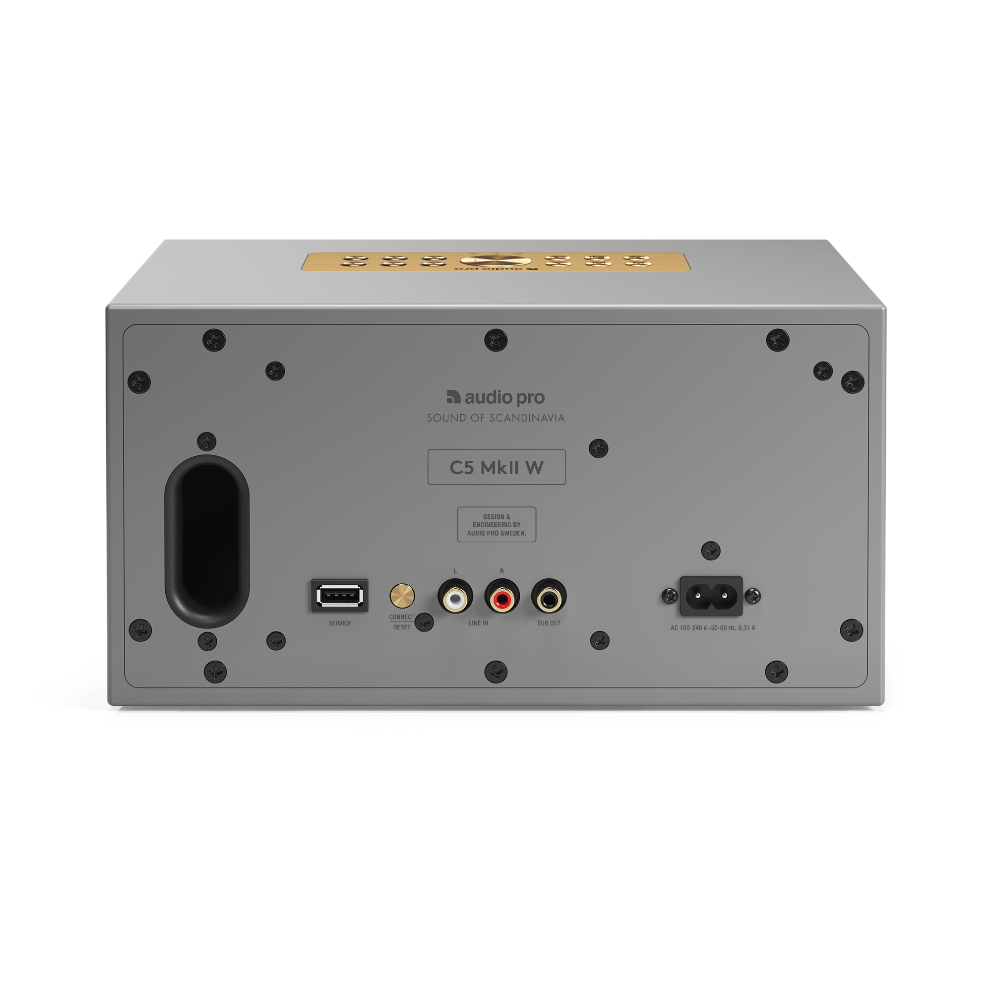 Die Rückseite eines silbernen Audiogeräts mit verschiedenen Ein-/Ausgängen. Die Marke ist Audio Pro, Modell C5 MkII W.