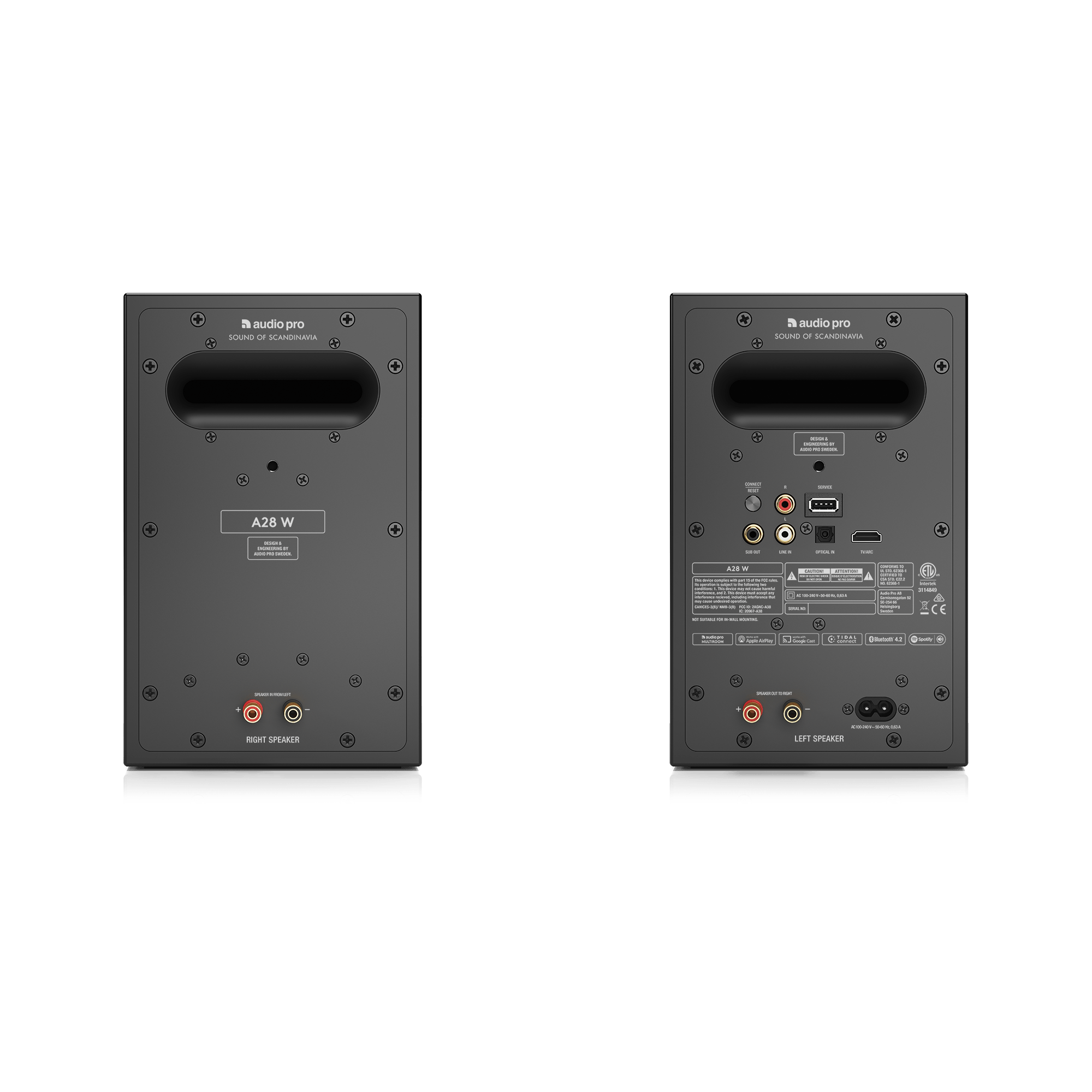 Zwei schwarze Lautsprecherrückseiten. Merkmale sind Anschlüsse, Etiketten und das Audio Pro Logo.
