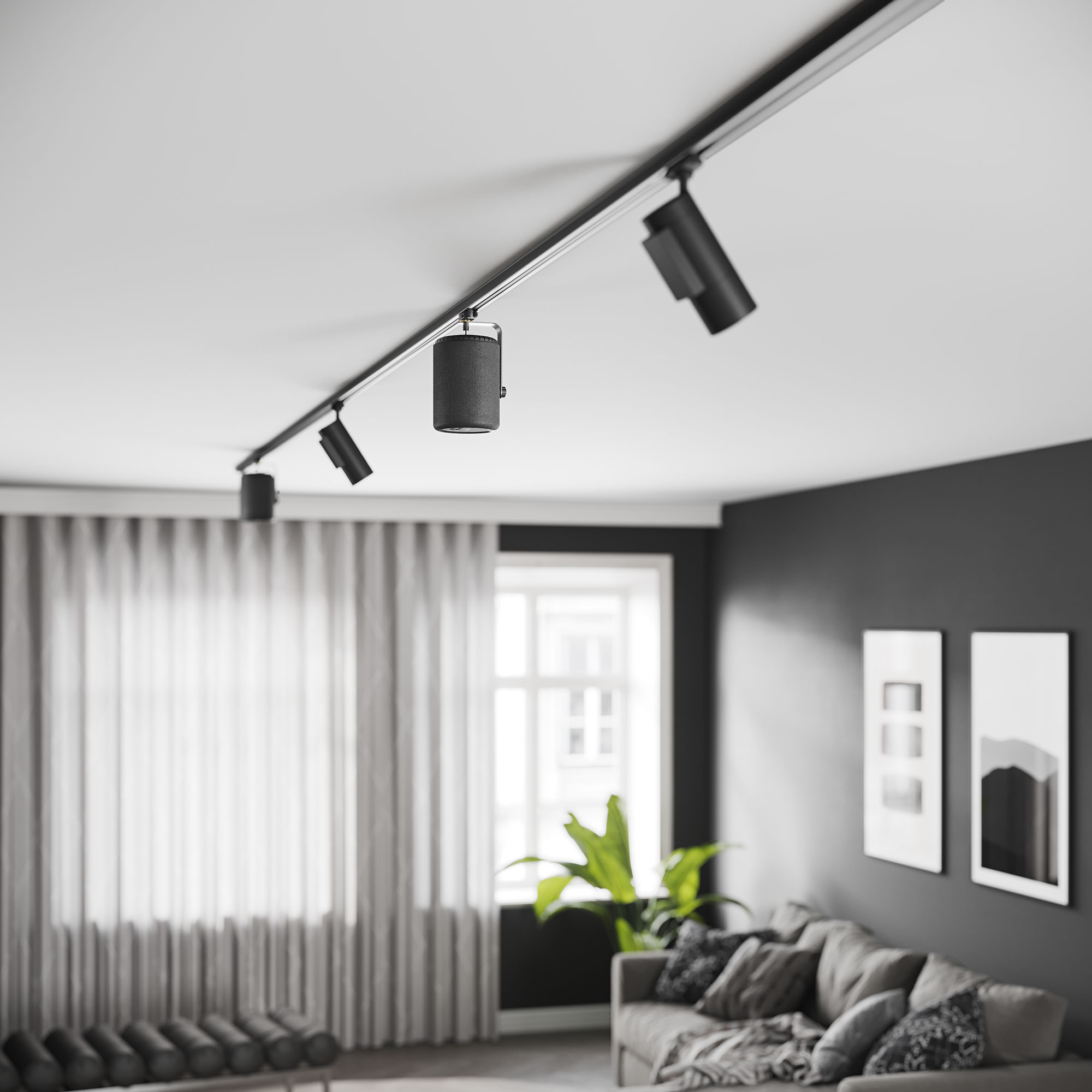 Ein moderner Raum mit Schienenbeleuchtung. Ein Sofa, ein Fenster und Vorhänge sind sichtbar. Die Wände sind dunkelgrau.