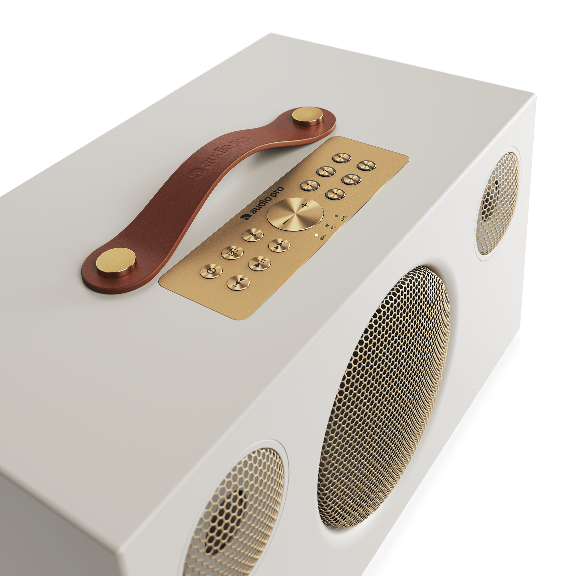 A white audio speaker with gold control panel, handle and speaker grills. The handle is brown leather. The background is green.