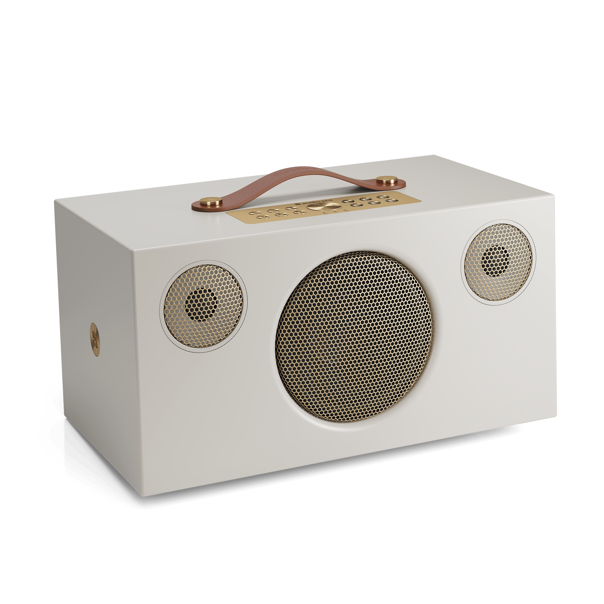 A white rectangular speaker with a leather handle and a gold mesh speaker cover. Set against a green background.