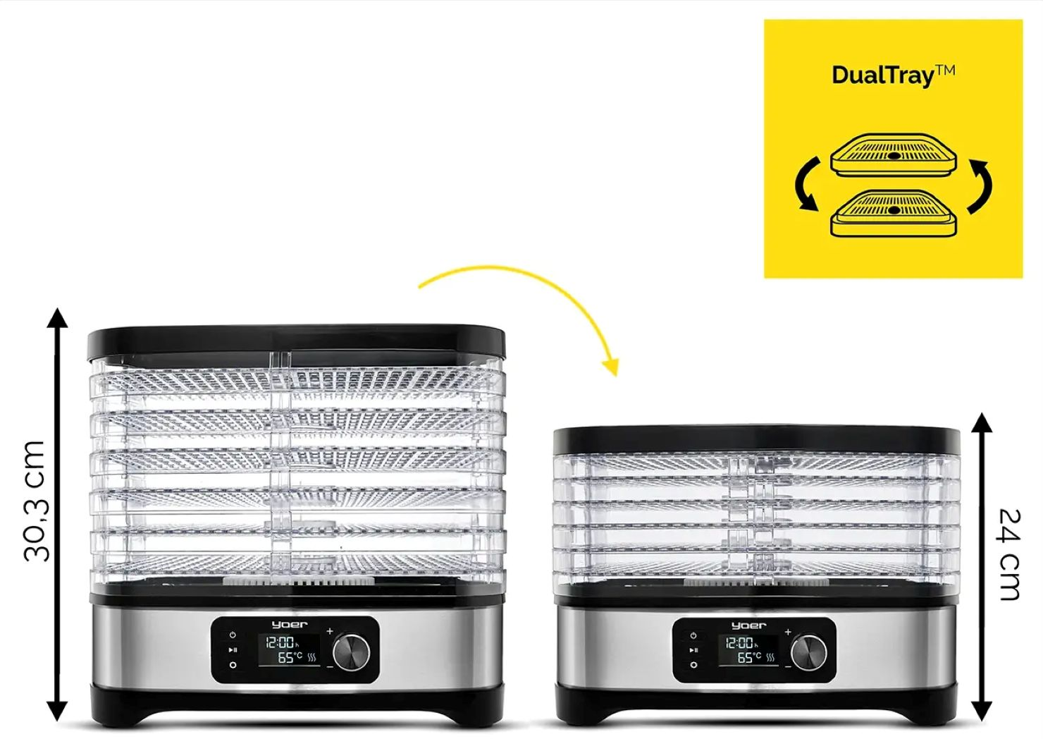 Dwa dehydratory żywności z czarnymi tacami, srebrnymi podstawami i wyświetlaczami cyfrowymi. Jeden jest wyższy. Żółte pole pokazuje obrót tacy.