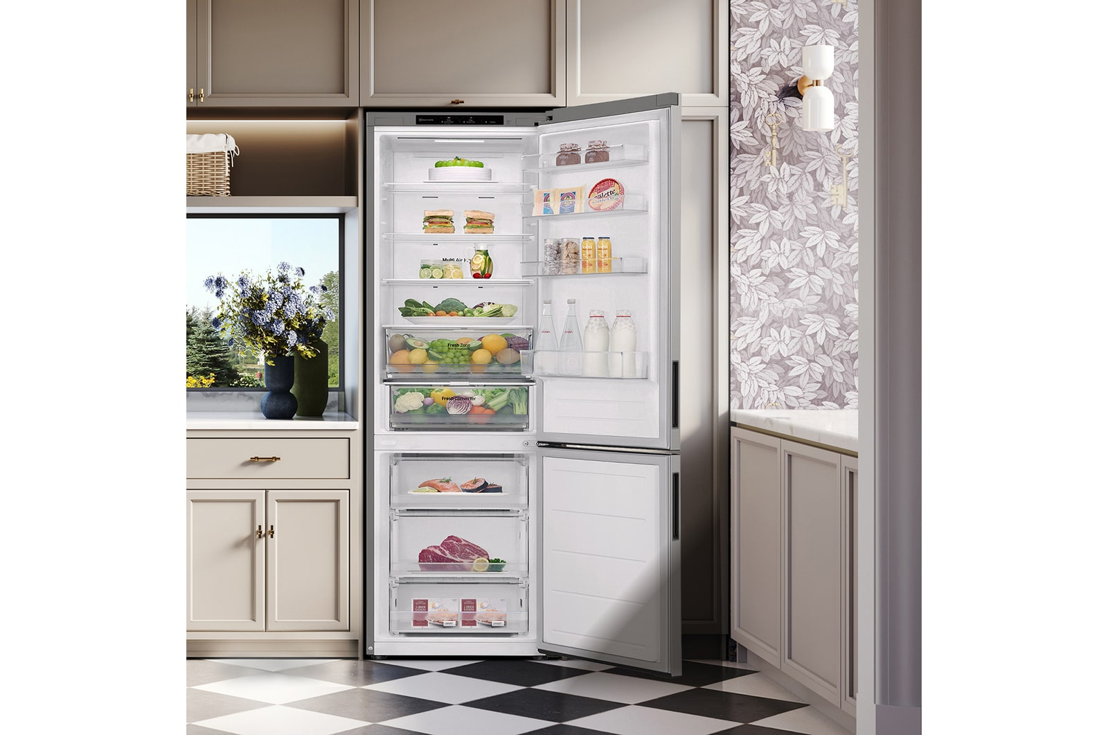 Refrigerador abierto lleno de comida. Incluye frutas, verduras, sándwiches y carne. Ambiente de cocina, suelo ajedrezado.