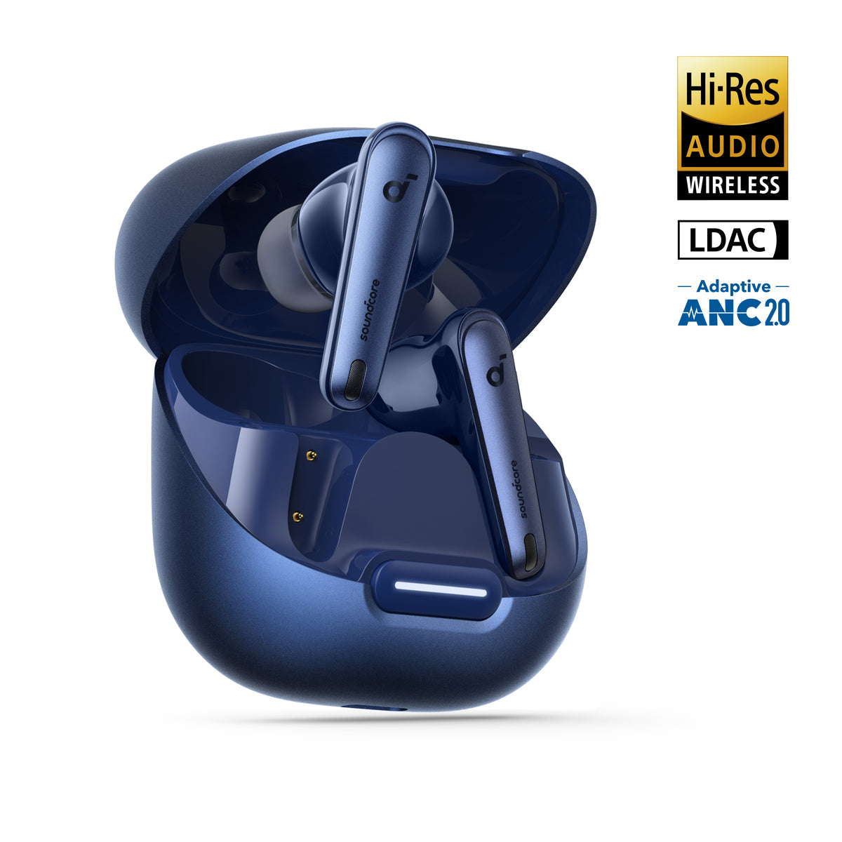 Auricolari Soundcore blu nella loro custodia di ricarica aperta. Loghi Hi-Res Audio, Wireless, LDAC e ANC 2.0.