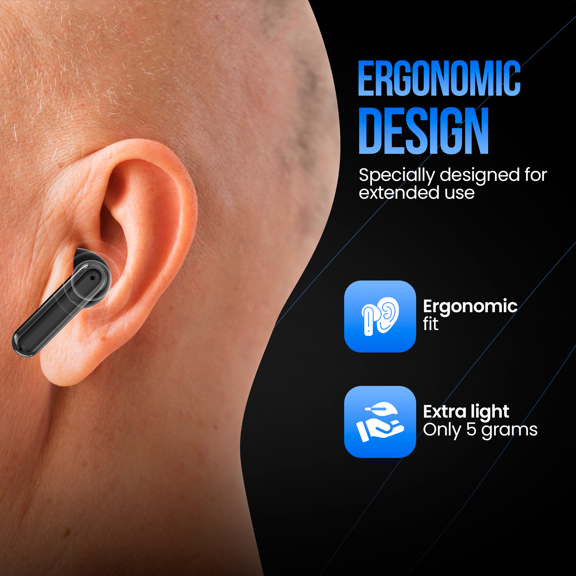 Oordopjes worden in een oor geplaatst. De tekst luidt: Ergonomisch ontwerp, Ergonomische pasvorm, Extra licht, Slechts 5 gram.