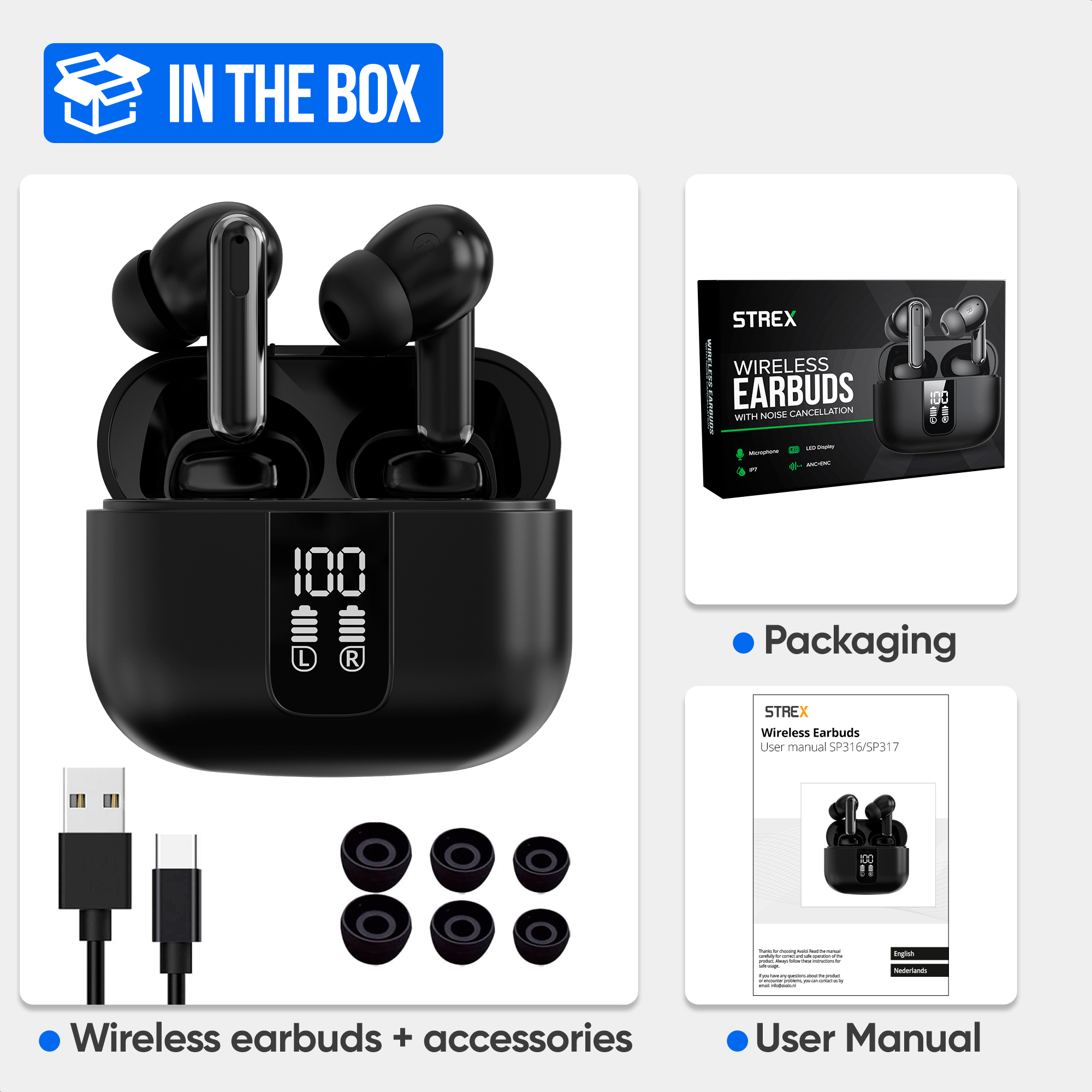 Zwarte draadloze oortelefoons, oplaadcase, USB-kabel en accessoires. Verpakking en gebruikershandleiding zijn ook inbegrepen.