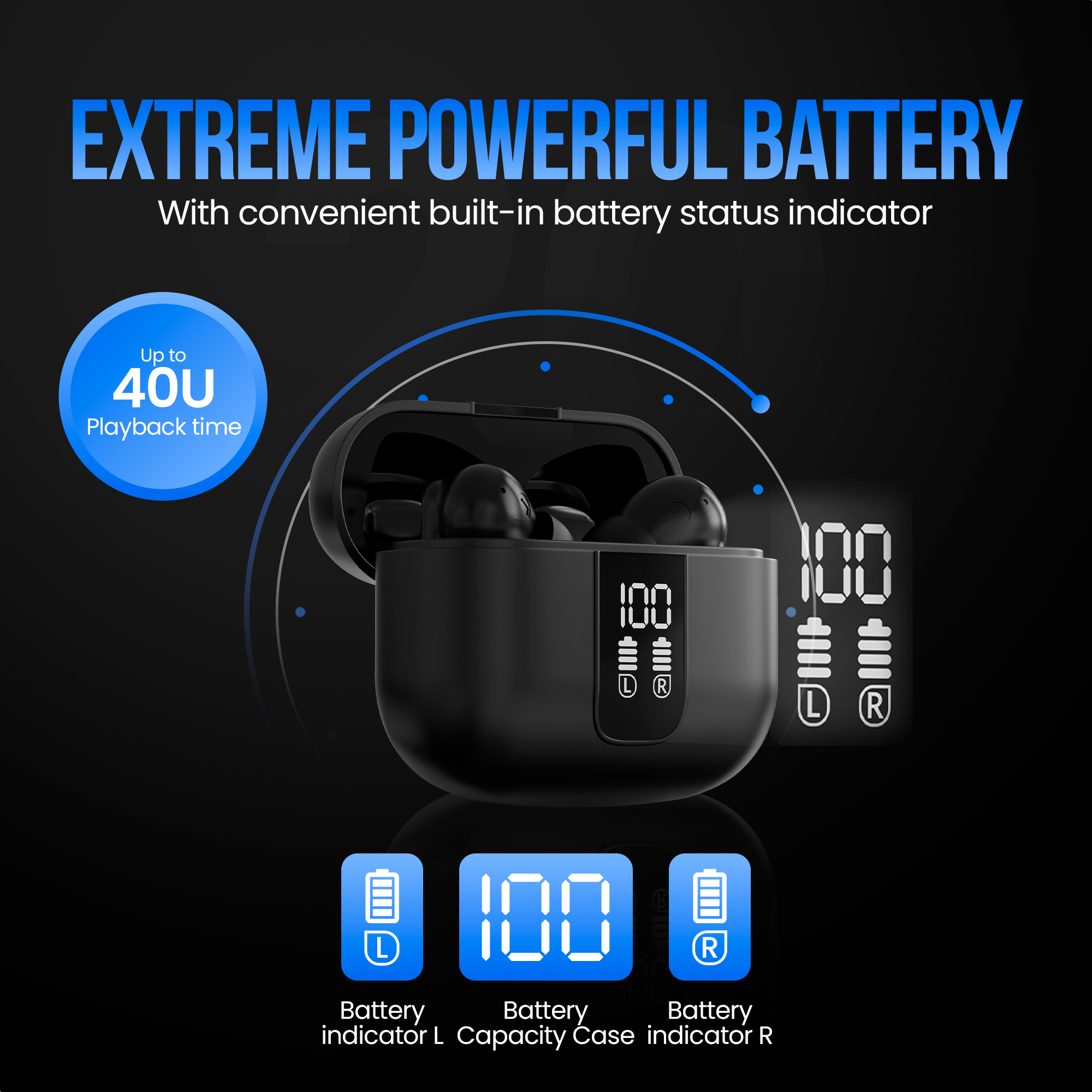 Afbeelding toont zwarte oordopjes met batterij-indicator, tekst 'EXTREME POWERFUL BATTERY' en '40U afspeeltijd'.