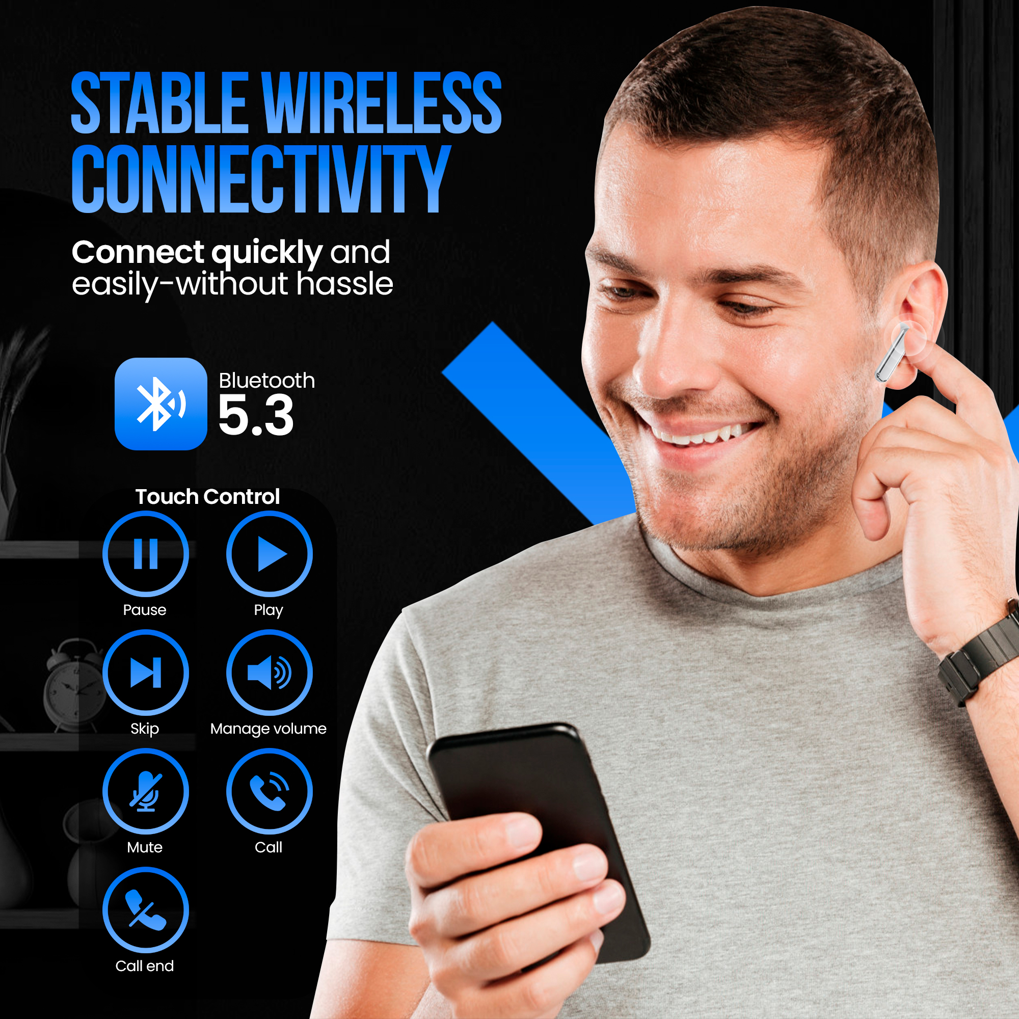 Homme portant des écouteurs, tenant un téléphone. Les graphiques montrent Bluetooth et les commandes tactiles pour jouer, mettre en pause, passer et volume.