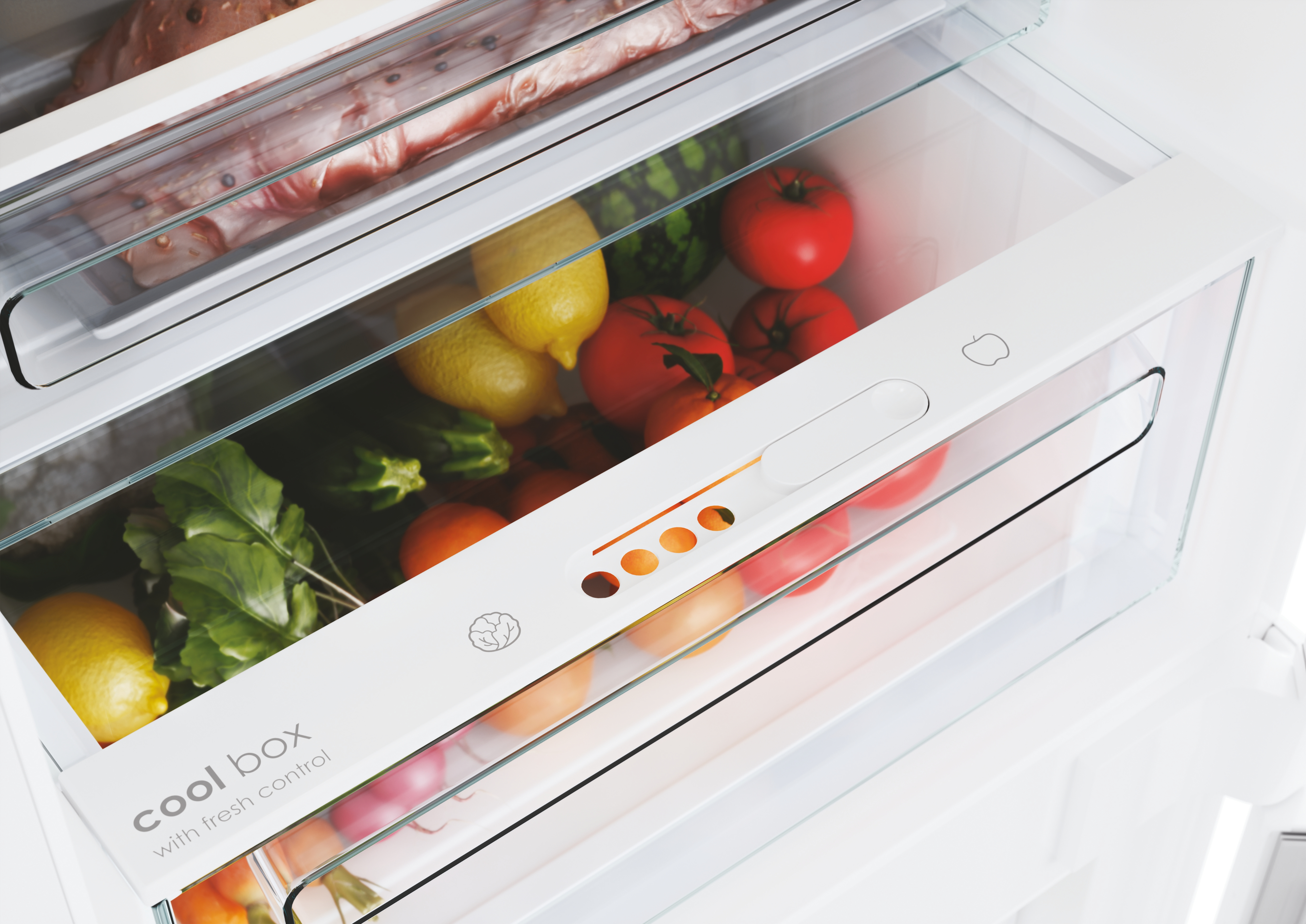Interno del frigorifero con prodotti freschi: pomodori, limoni, verdure e carne. Il contenitore fresco con controllo.