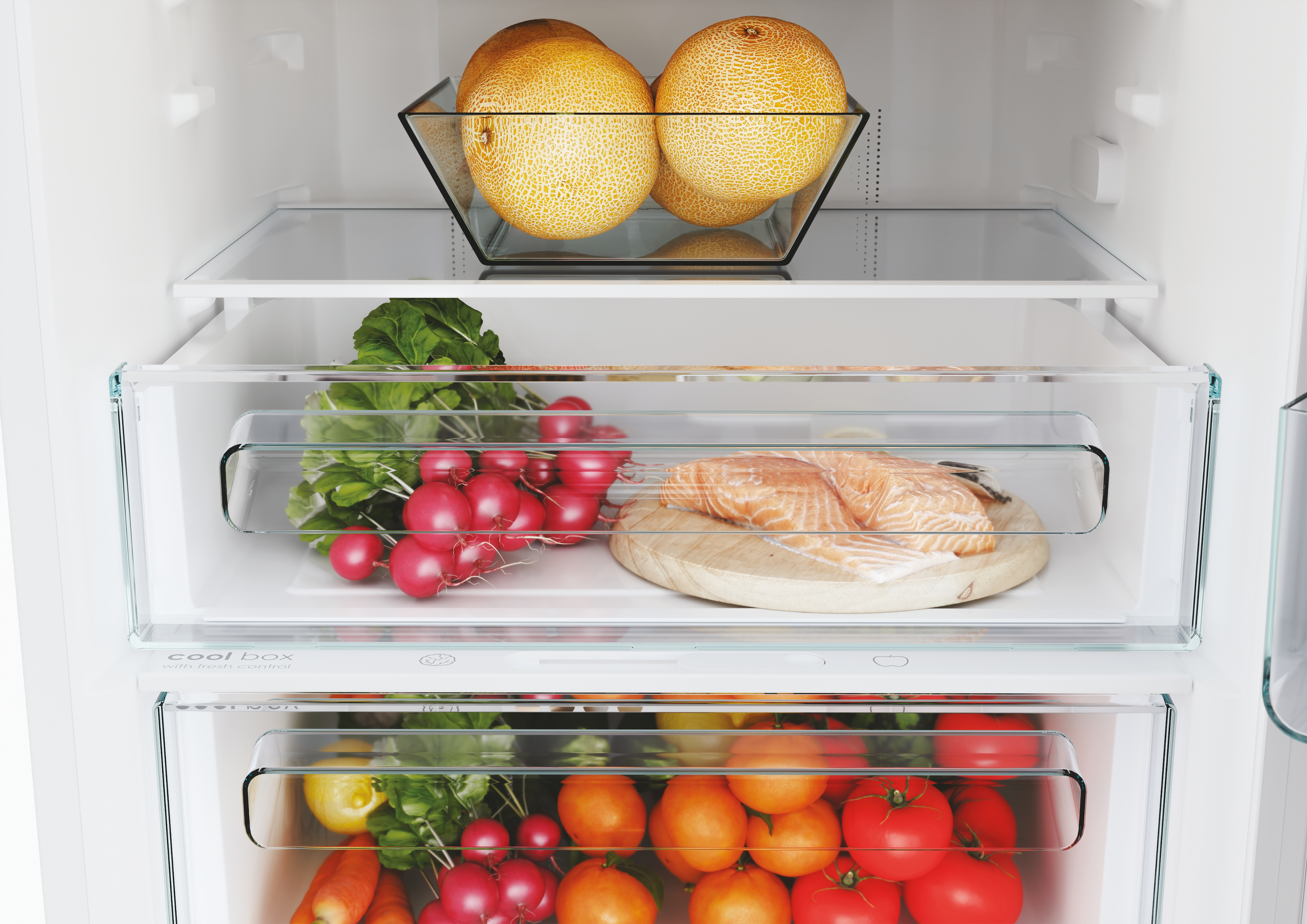 All'interno di un frigorifero: si vedono meloni, ravanelli, salmone, pomodori, arance e carote.