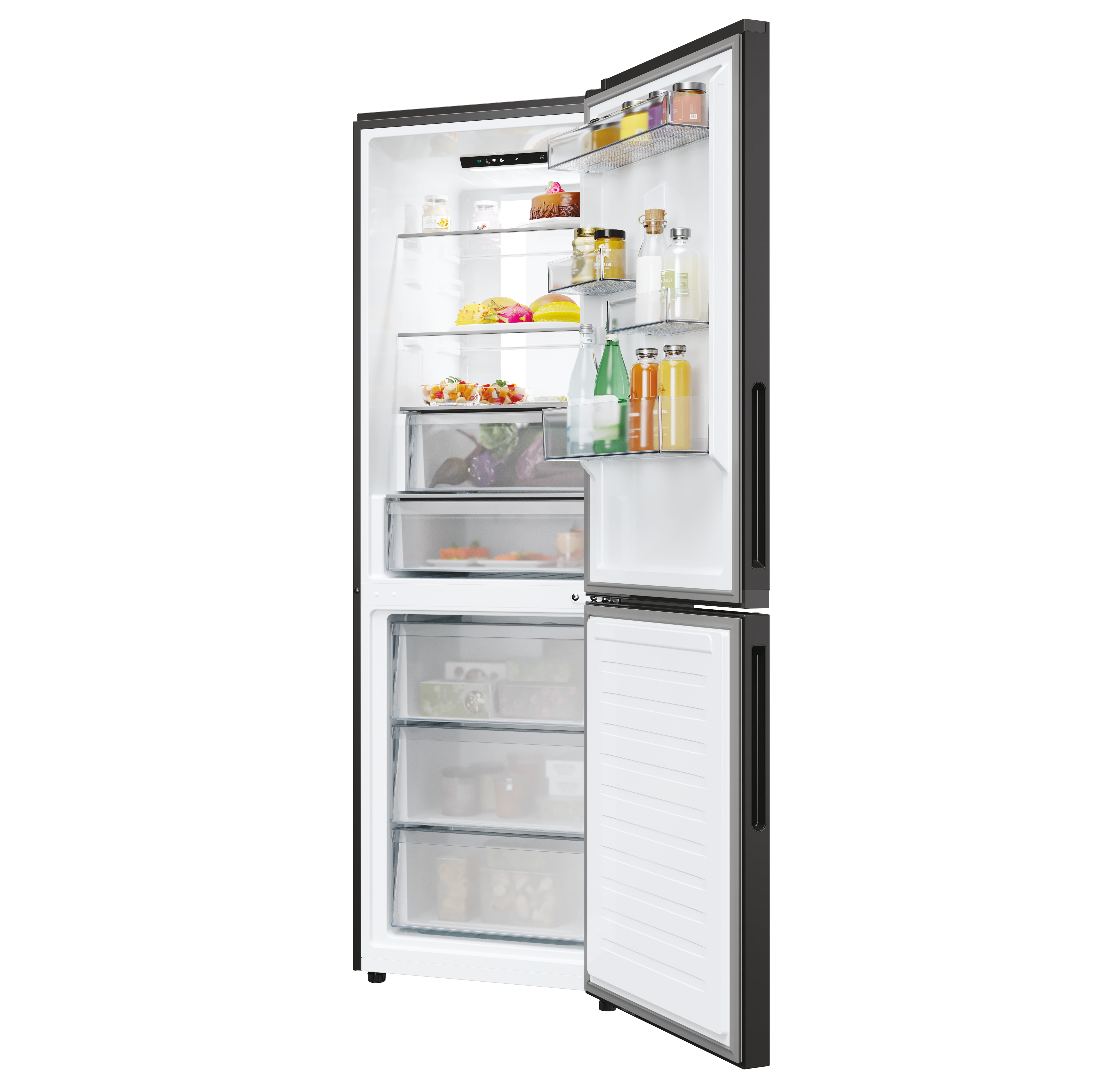Un frigorifero aperto con alimenti all'interno, tra cui frutta, verdura, bevande e barattoli, con la porta del congelatore aperta.