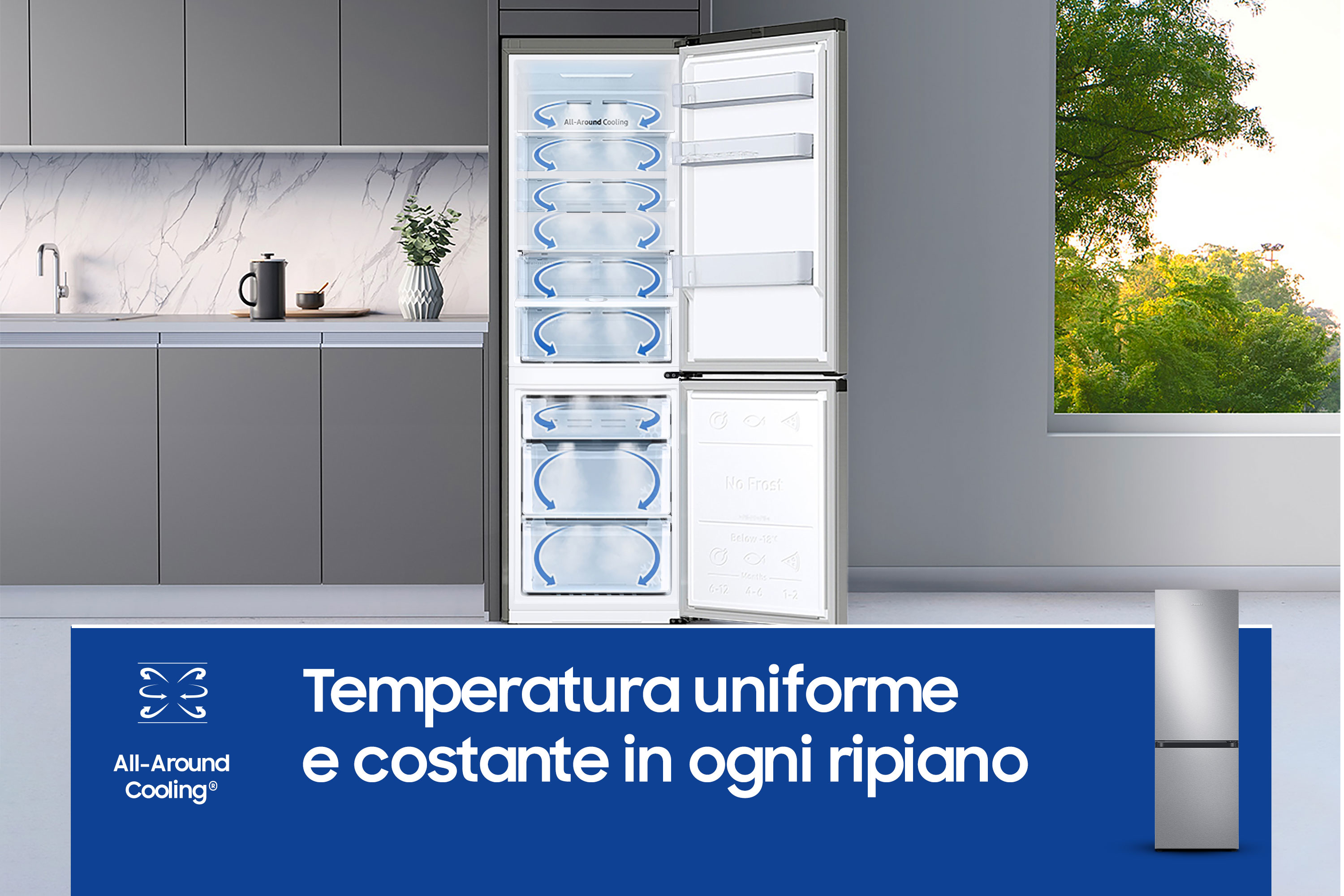 Frigorifero aperto con ripiani e cassetti, sfondo cucina, finestra con alberi. Testo: Temperatura uniforme e costante.