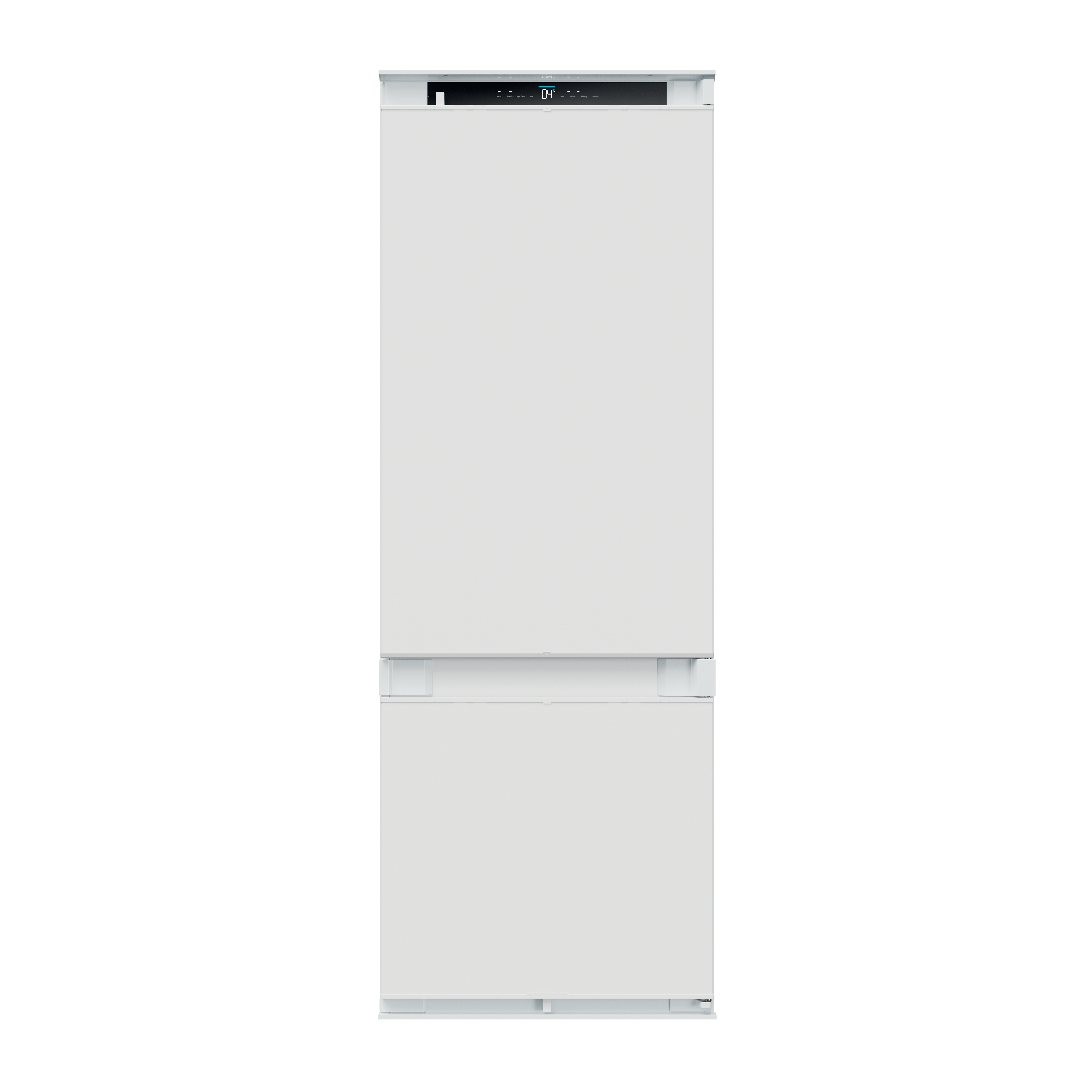 Un refrigerador blanco con dos puertas, que muestra una temperatura digital, sobre un fondo blanco.