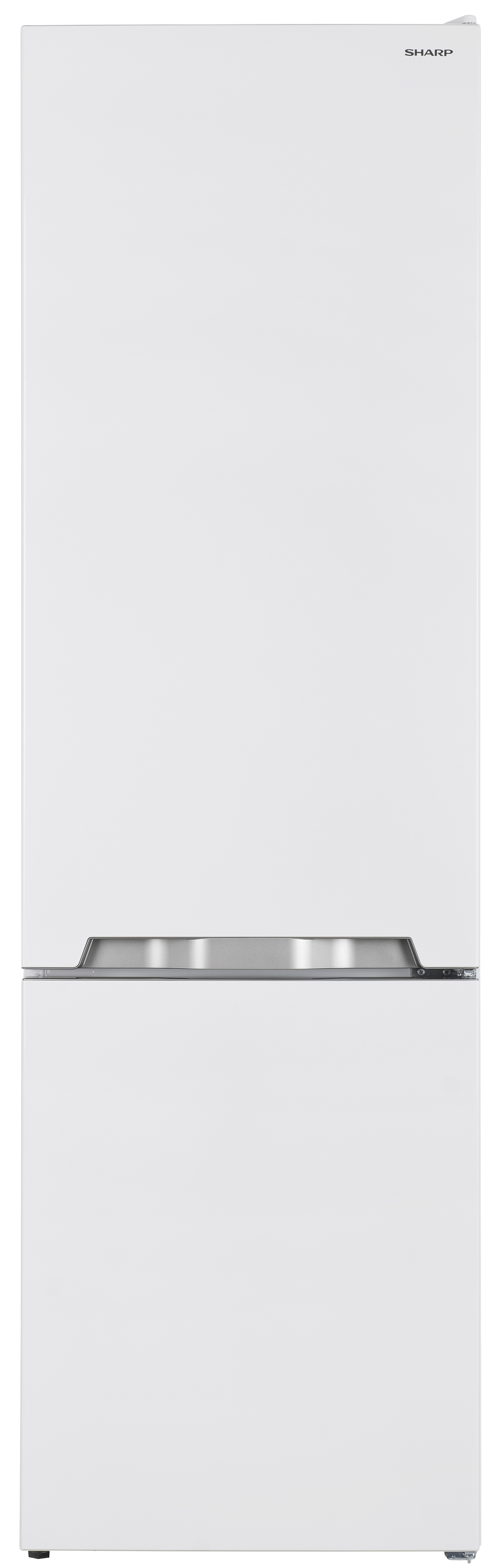 Frigorifero Sharp bianco a due porte. Porta superiore più grande. Maniglia argentata. Logo Sharp in alto.