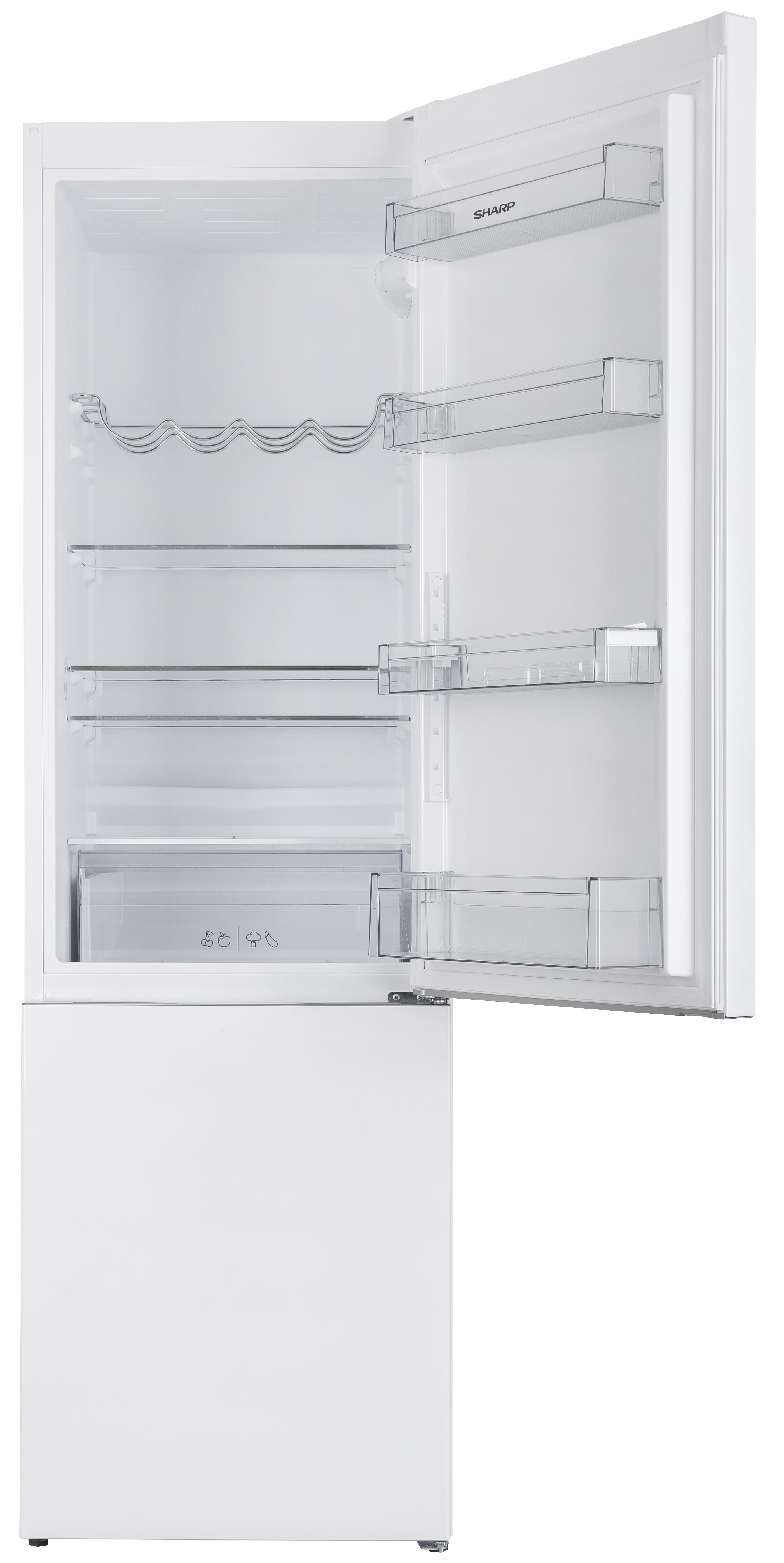 Un frigorifero bianco con la porta aperta. Ha ripiani, un portabottiglie e cassetti. Il marchio "SHARP" è visibile.