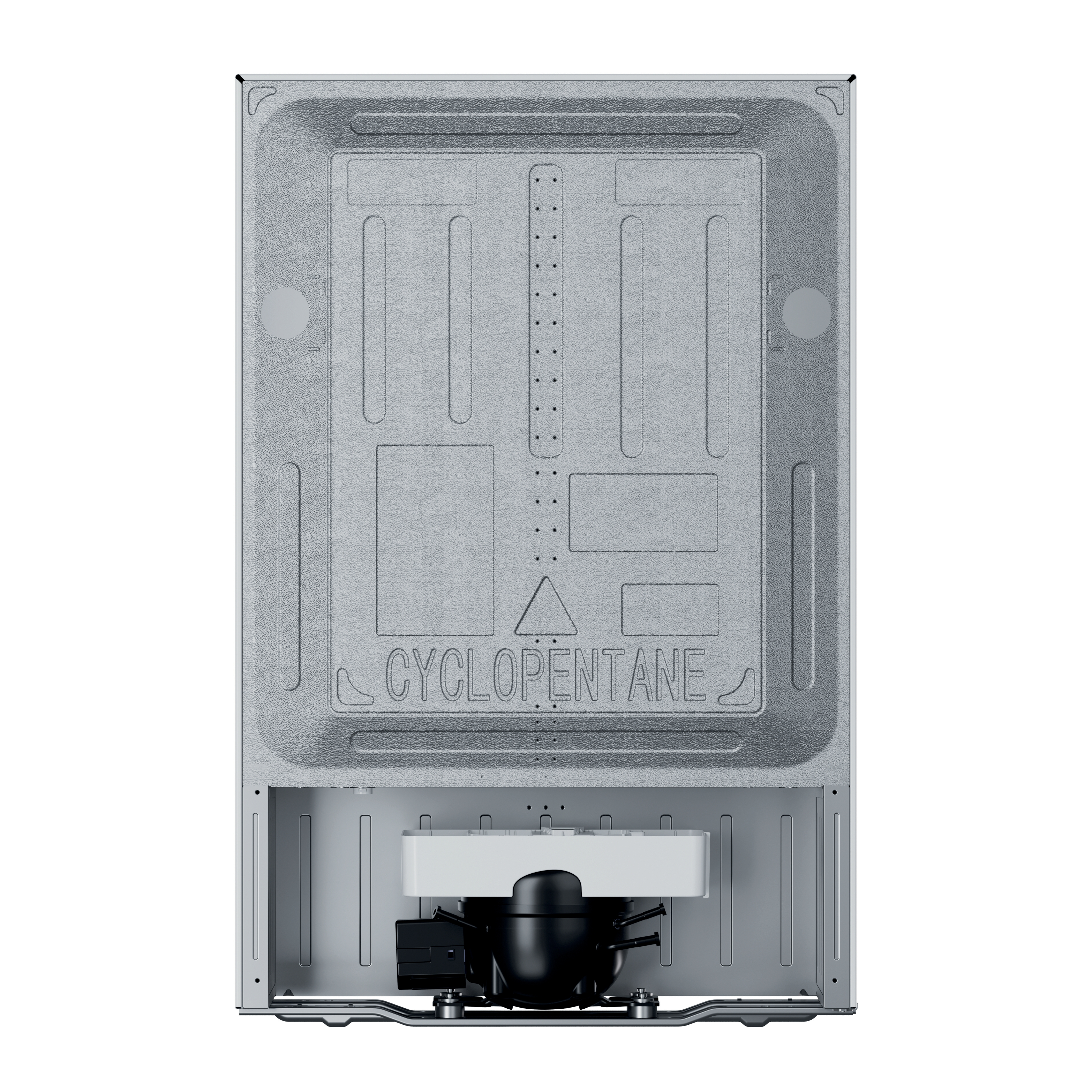 Widok z tyłu lodówki. Tylny panel jest szary ze słowem "CYCLOPENTANE". Czarny kompresor na dole.
