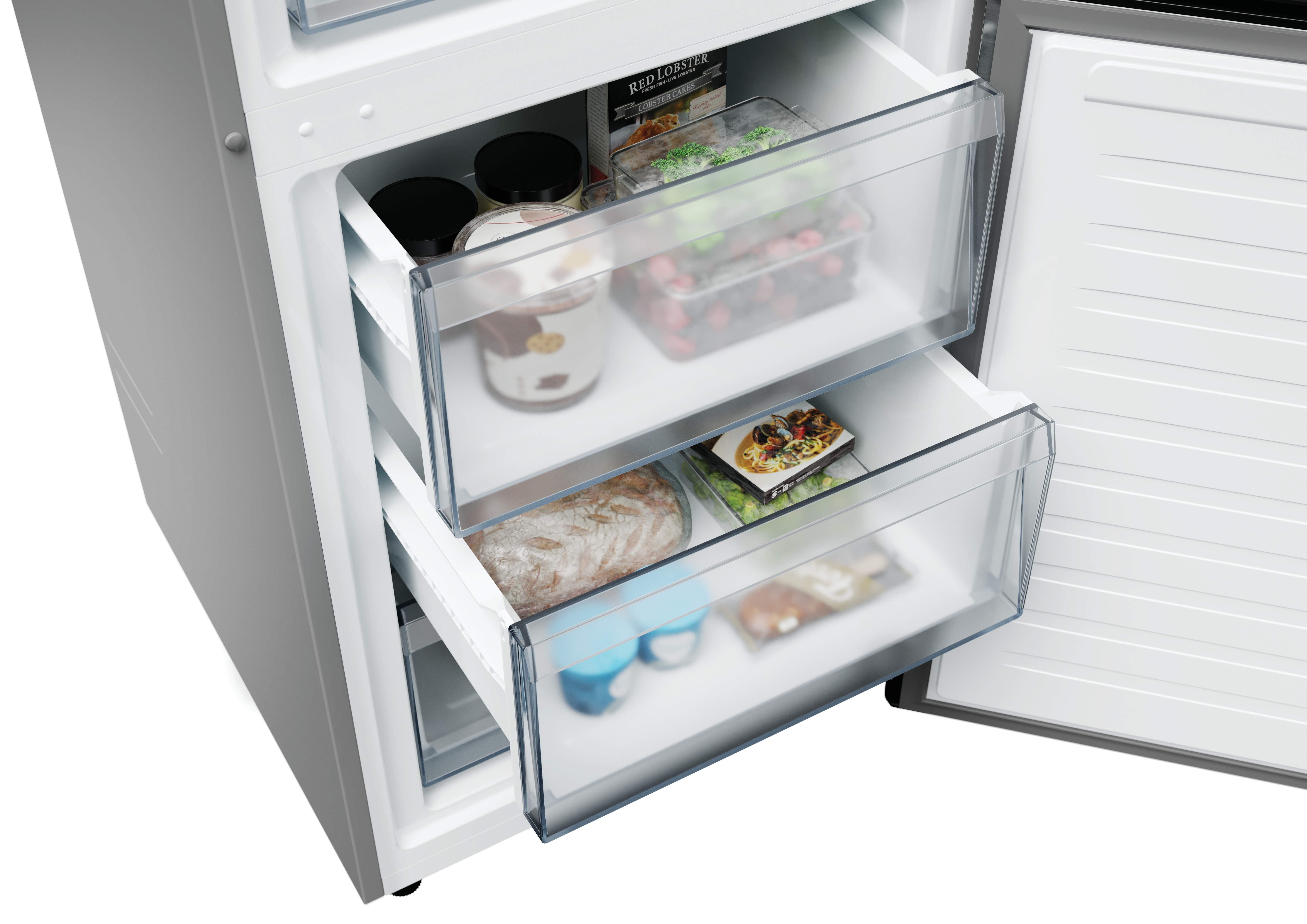 Refrigerador con cajones abiertos. Alimentos visibles: pan, bayas, comidas preparadas y frascos. Cajones de plástico transparente.